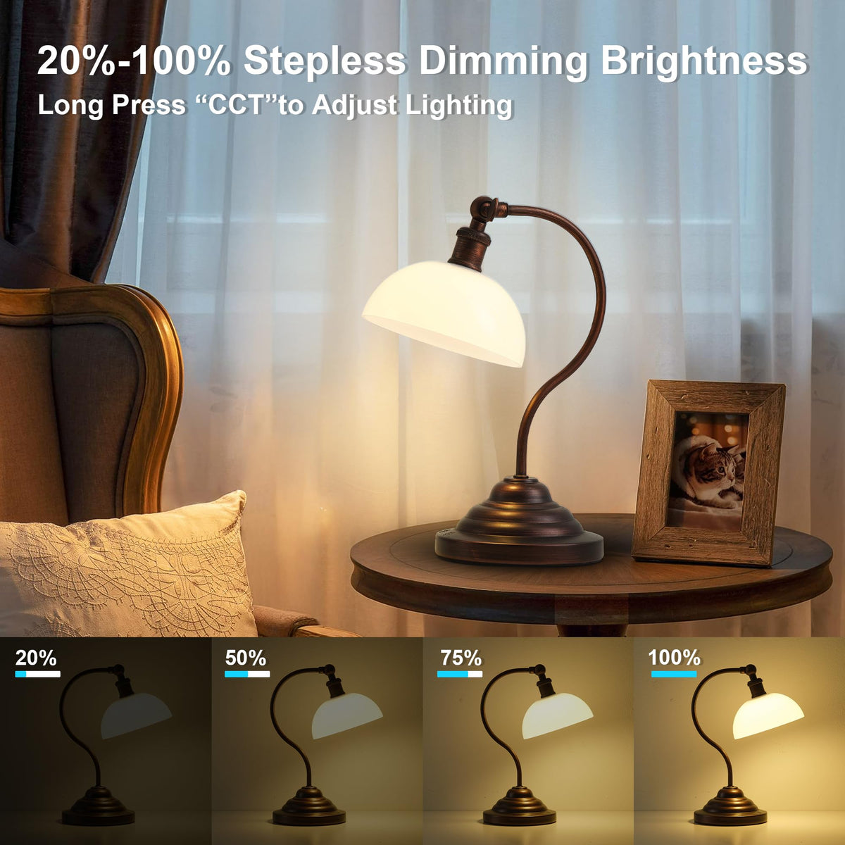 Cordless Table Lamp, Battery Operated Vintage Desk Light, Bronze & White