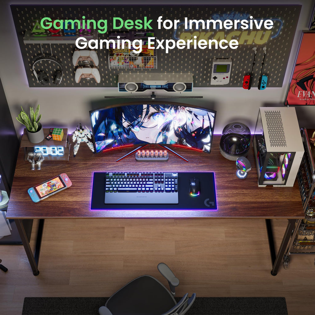 Computer Desk, 54 Inch Office Desk, Gaming Desk with Storage, Writing Desk Work Desk for Home Office, Study, Modern Simple Desk, Large Legroom, Metal Frame, Walnut