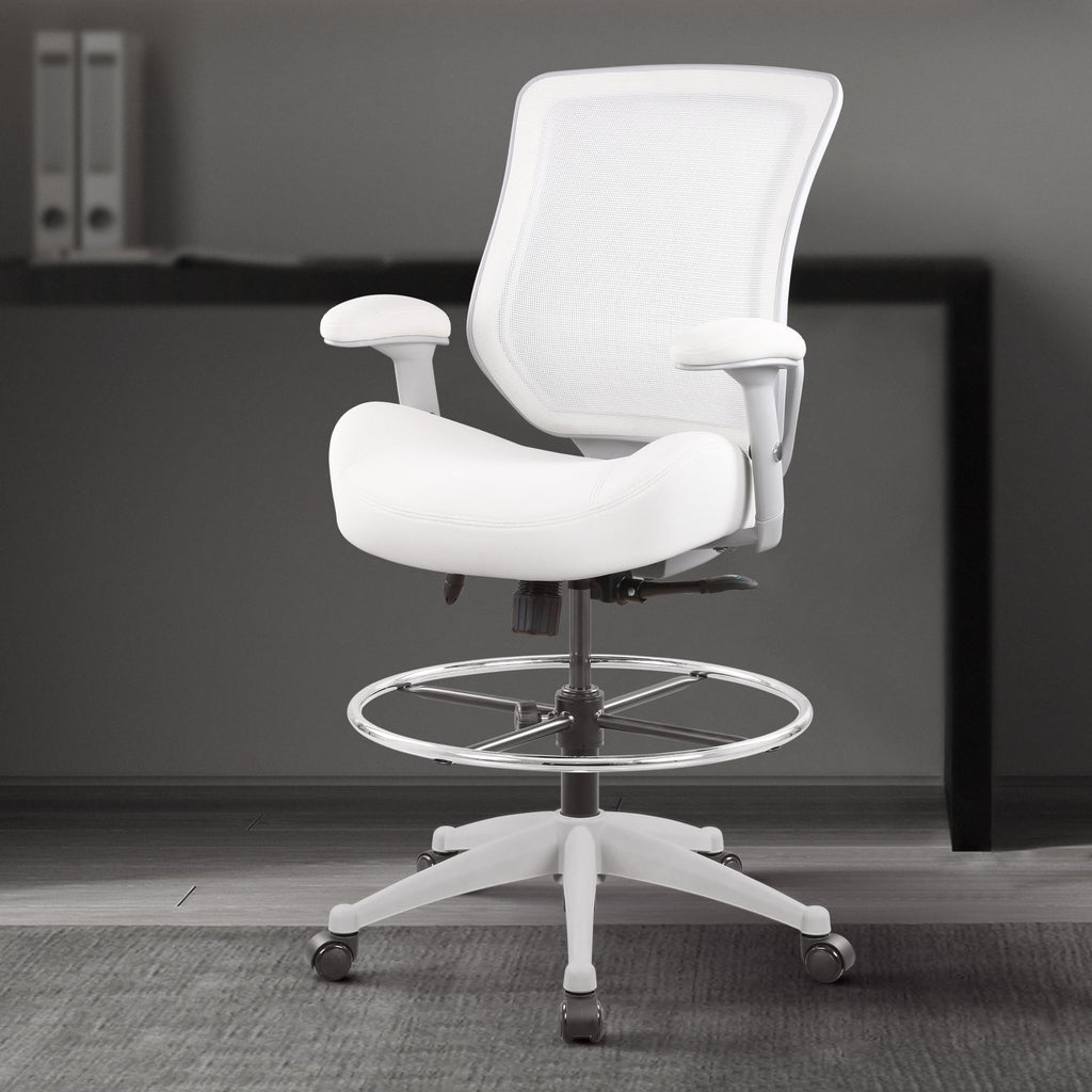 400lbs Mesh Ergonomic Office Drafting Chair Big Adjustable Foot Ring Height Adjustable Armrest (Wht)