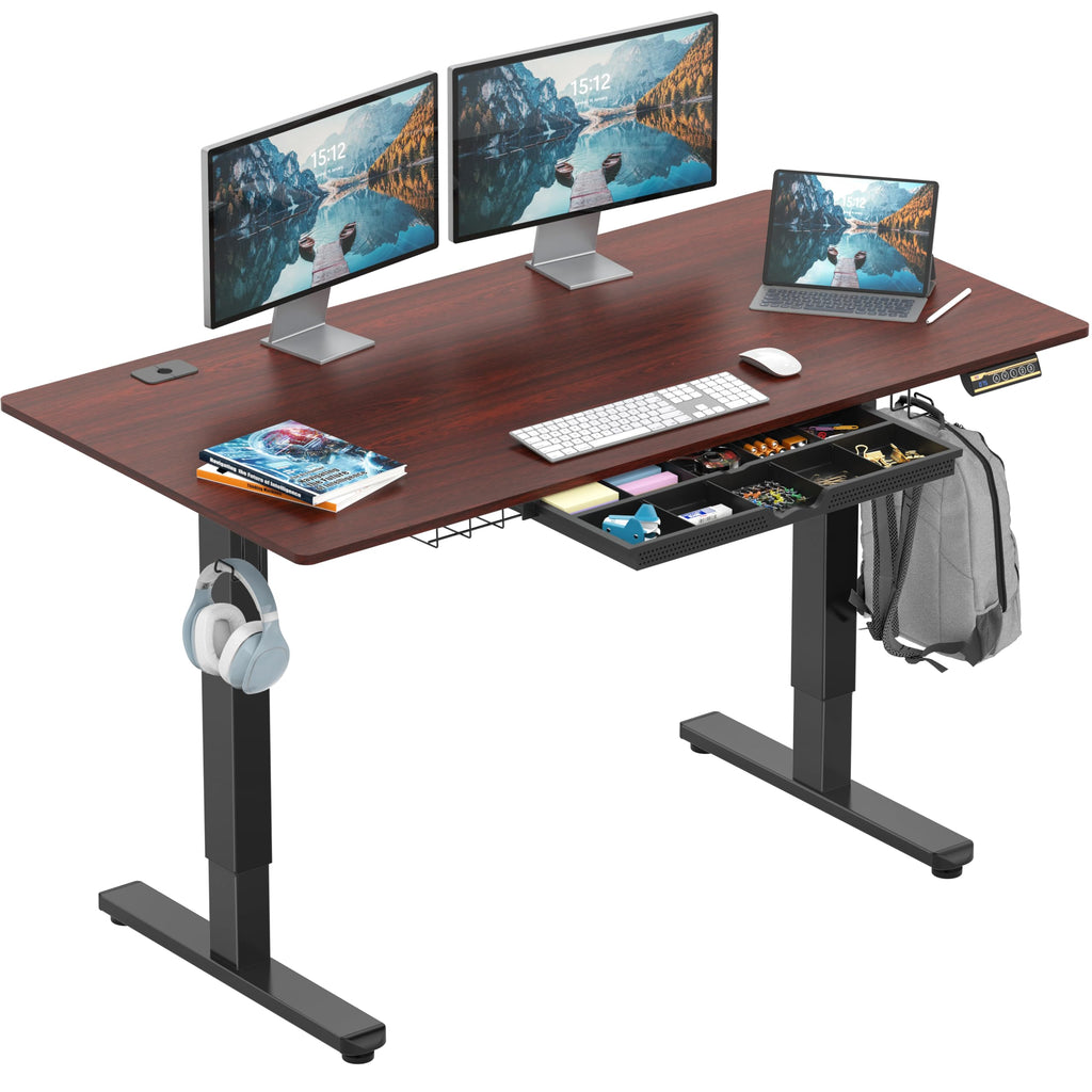 55 x 28 Inches Electric Height Adjustable Standing Desk with Drawer and Memory Preset, Cherry