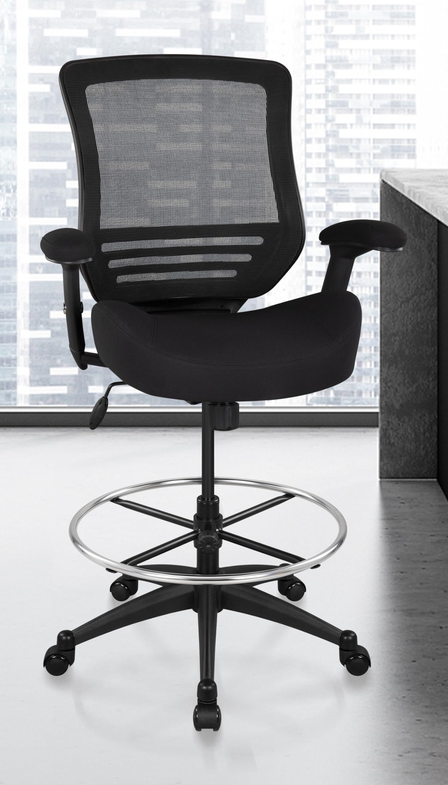400lbs Mesh Ergonomic Office Drafting Chair Big Adjustable Foot Ring Height Adjustable Armrest(Black)