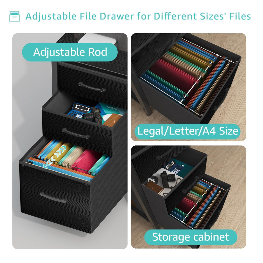 Computer Desk with Fabric File Drawers Cabinet, 55 Inch Reversible Home Office Desks with Filing Cabinet, Study Writing Table PC Desks with Storage for Bedroom, Black