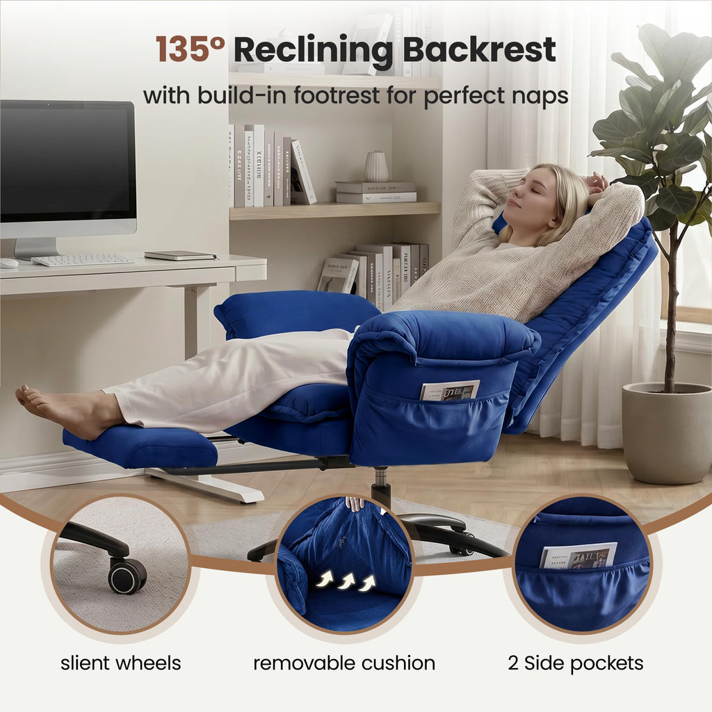 Criss Cross Chair with Adjustable Arms and Foot Rest, Wide Seat Reclining Office Chair with Back and Wheels, Makeup Vanity Chair with Side Pockets, Comfy Velvet Cross Legged Desk Chair, Blue