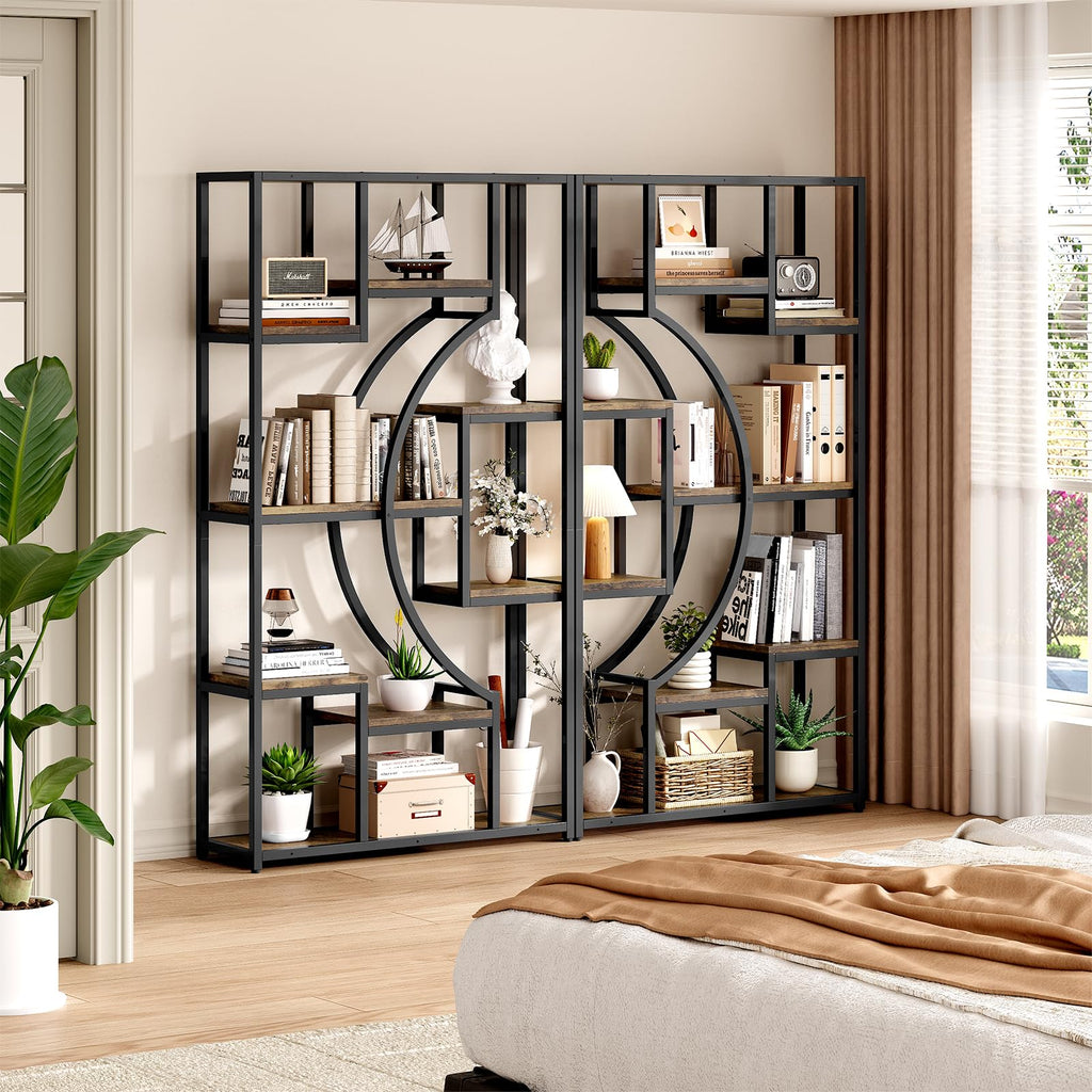 5-Tier Bookshelf with Storage, 70.9 Inch Tall Large Display Bookcase - Modern Metal Standing Shelves for Living Room, Office and Bedroom, Set of 2, Brown