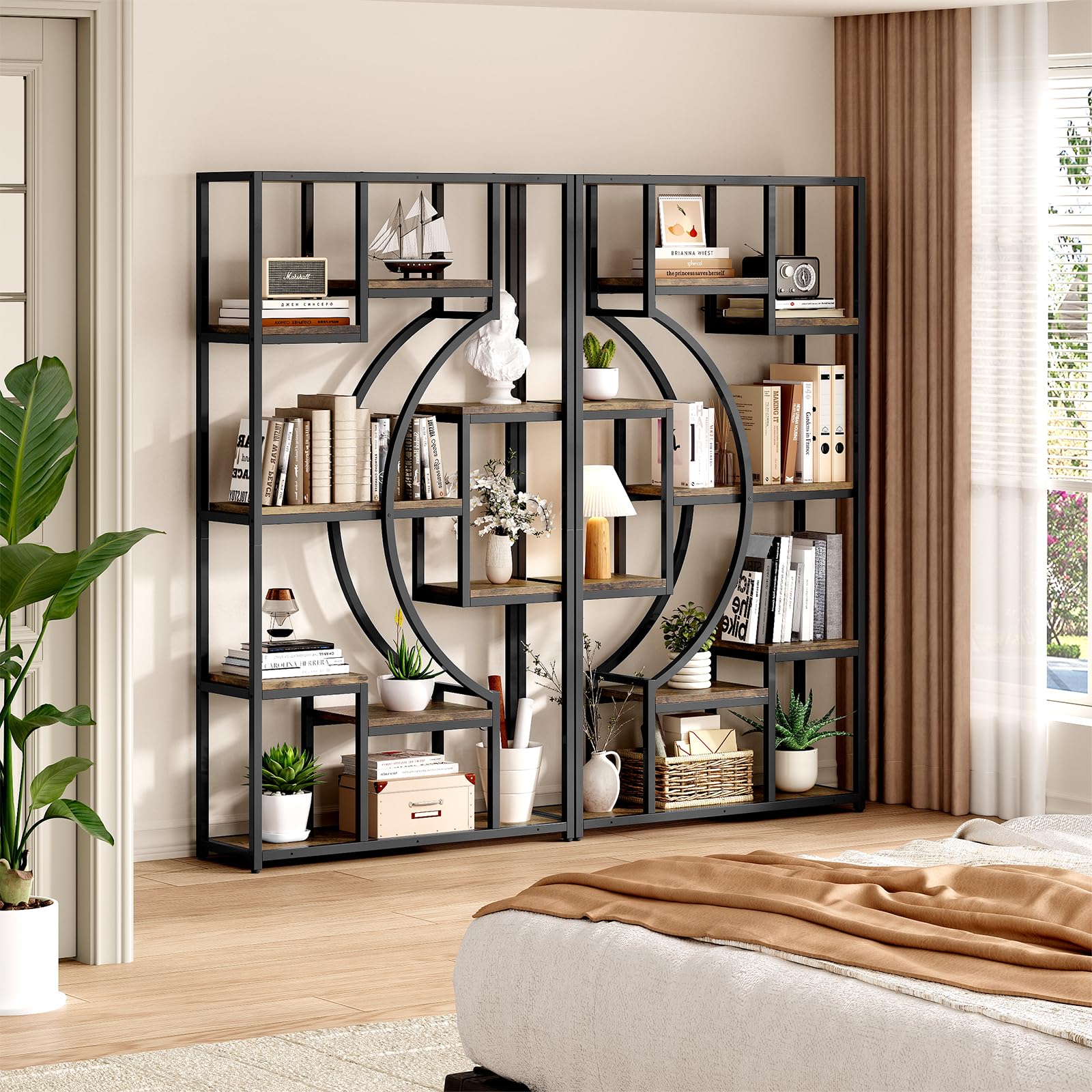 5-Tier Bookshelf with Storage, 70.9 Inch Tall Large Display Bookcase - Modern Metal Standing Shelves for Living Room, Office and Bedroom, Set of 2, Brown