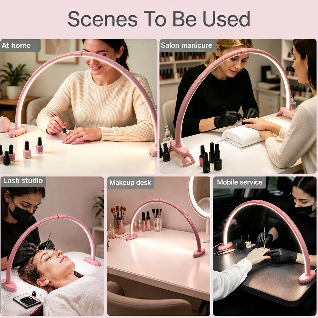 Half Moon Nail Desk Lamp, 23” Foldable Nail Tech Light, 10-Level Dimming & 3 Color Temperatures, Pink Arch Light for Manicure, Eyelash, Tattoo & Skin Care