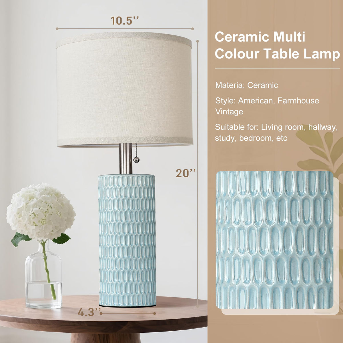 20.5" Modern Ceramic Table Lamps for Bedroom Set of 2, Bedside Lamps for Night Stands with Beige Lampshade, Farmhouse Table Lamp for Living Room Office Dorm, Sky Blue