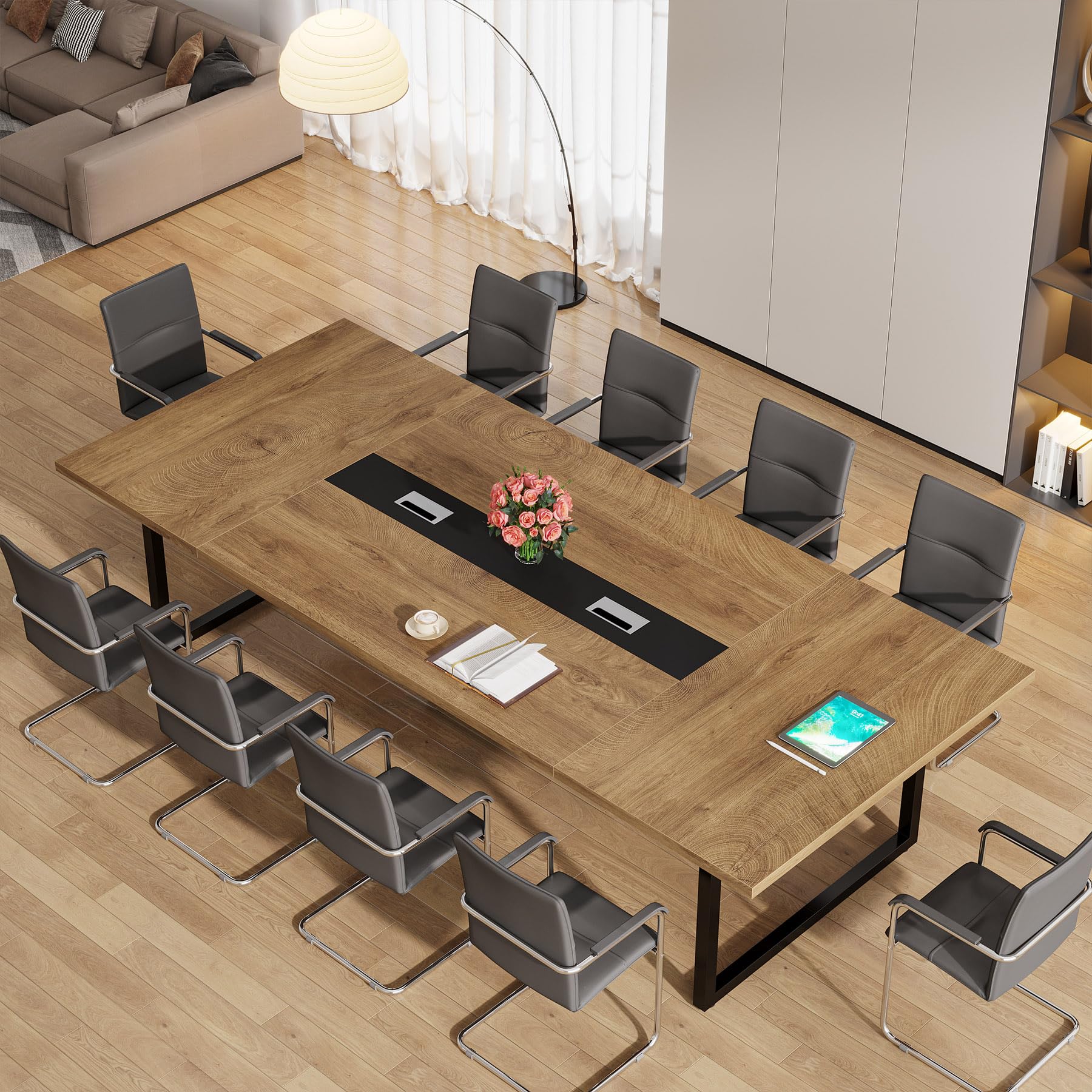 8FT Conference Table, 94.49 L x 47.24 W x 29.53 H Inches Large Meeting Podcast Table for 10 People, Business Style Wooden Training Table with Strong Metal Frame for Office Conference