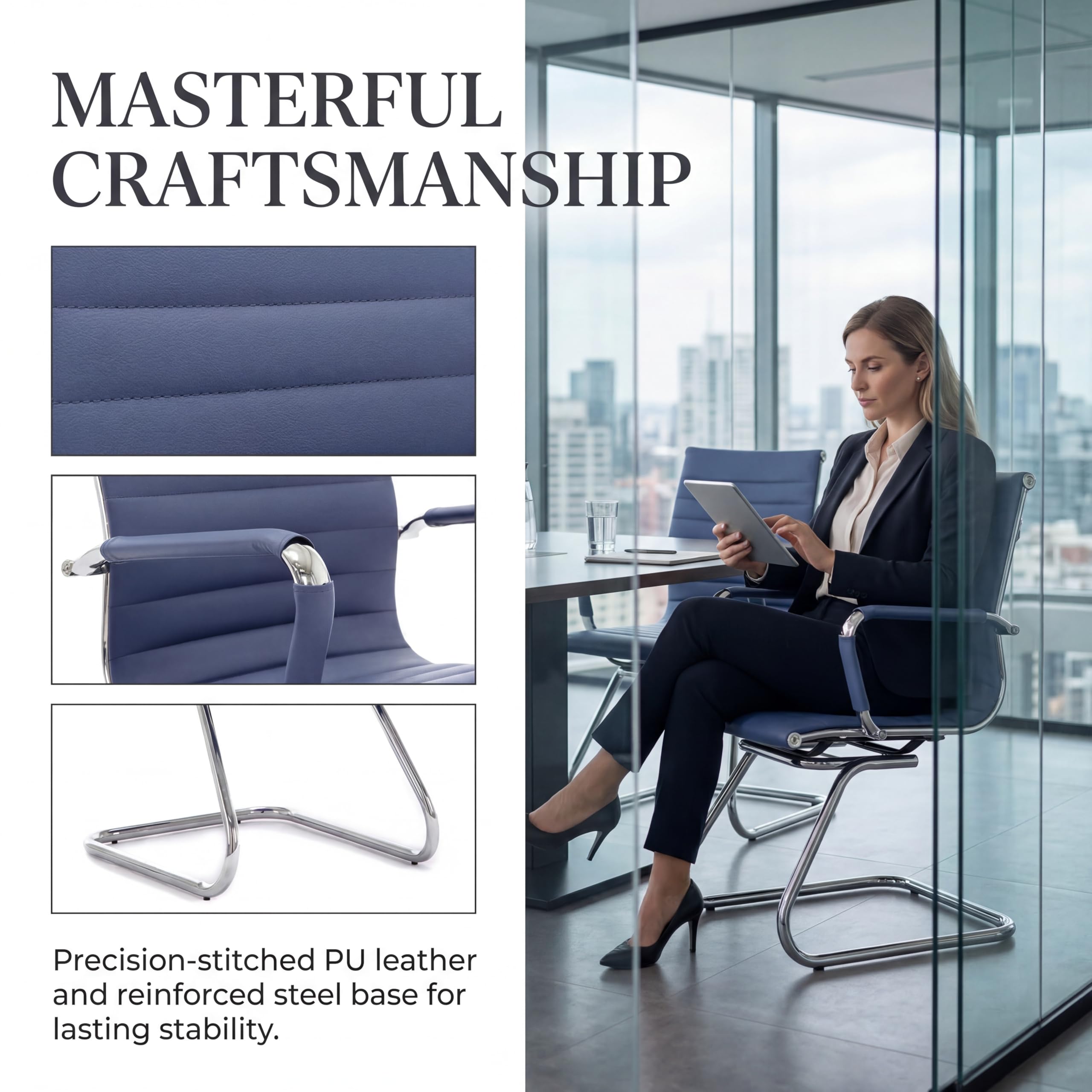 Office Chairs Leather Conference Guest Chair Heavy Duty Back Support Office Chair, Set of 2 (Navy)