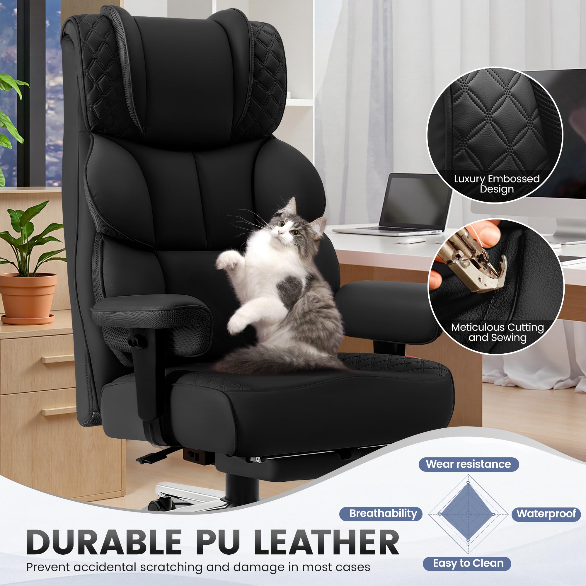 Office Desk Chair, Big and Tall Leather Gaming Chair with Footrest, Wide Ergonomic Comfy Executive High-Back Reclining Computer Chairs, Swivel Rolling Wheels and Padded Lumbar Support, Black Updated