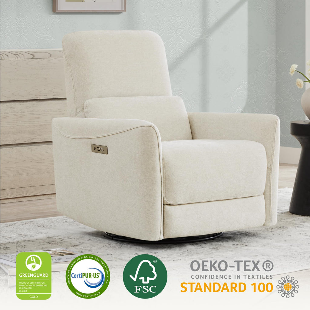 Power Recliner Chair Swivel Glider, FSC Certified Upholstered Living Room Nursery Reclining Sofa Chair with Lumbar Support, Linen
