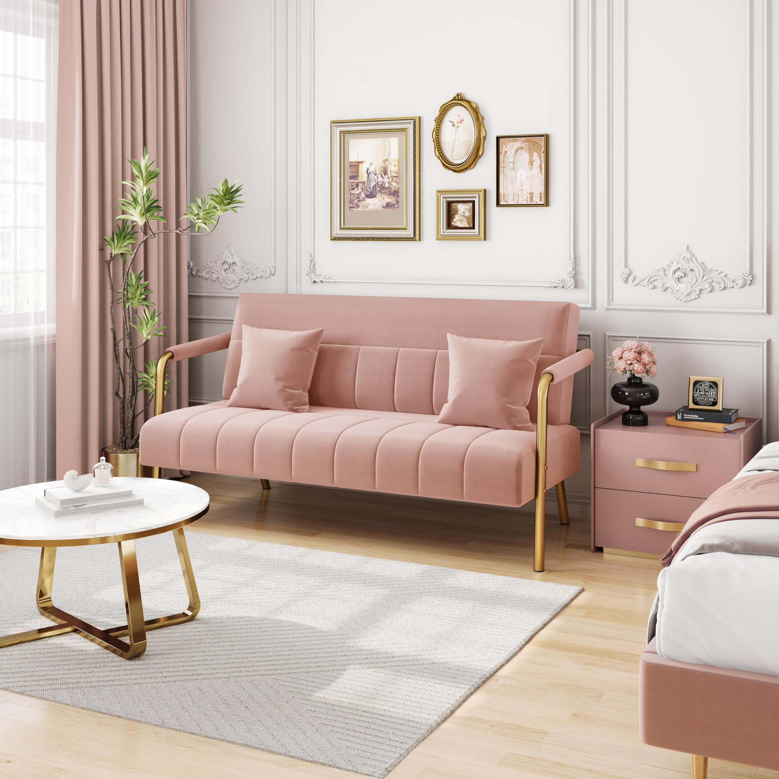 56.5" W Modern Sofa Small Sofa Luxurious Velvet Fabric Couch with Gold-Tone Metal Arms and Legs for Living Room, Office, Studio Pink