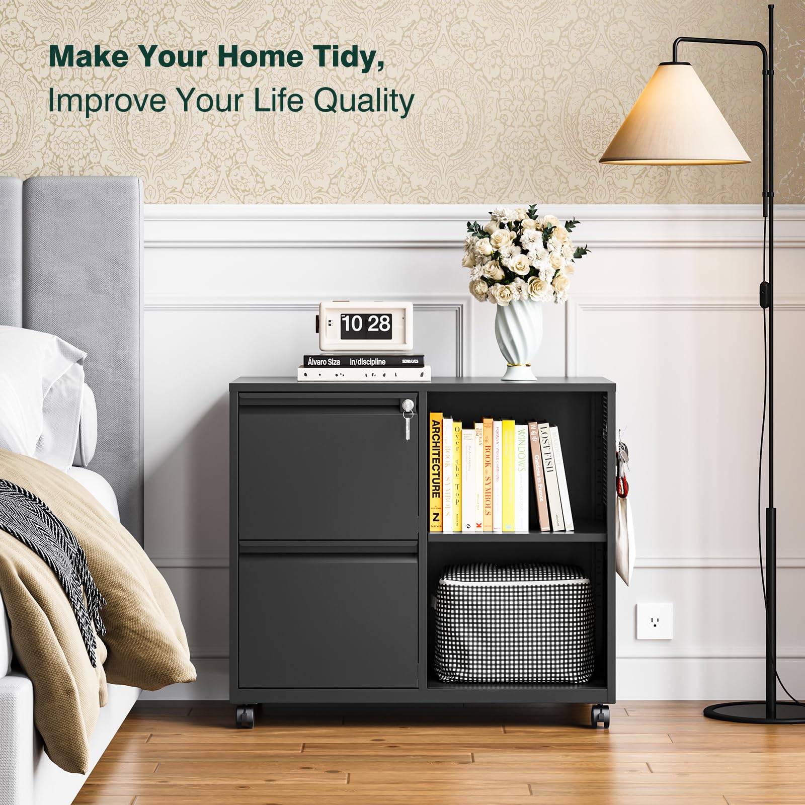 Mobile File Cabinet with Side Hook, 2 Drawer Lateral File Cabinet with Lock fits A4/Letters/Legal Size for Home Office,Metal Rolling Printer Stand with Open Storage Adjustable Shelves(Black)