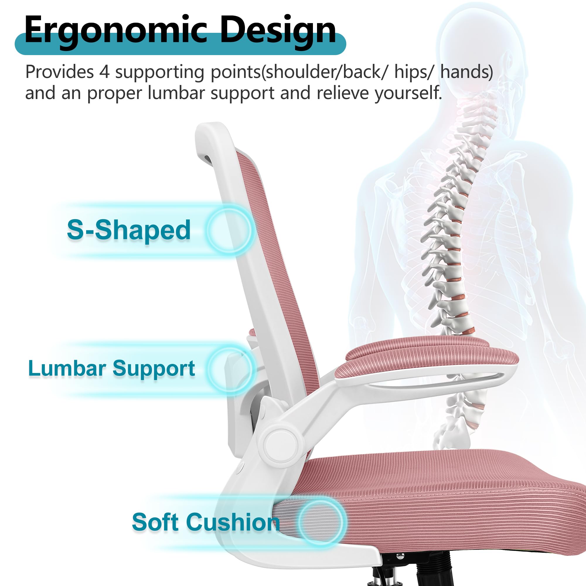 Office Chair, Ergonomic Desk Chair Breathable Mesh Chairs Adjustable High Back Lumbar Support Flip-up Armrests, Executive Rolling Swivel Comfy Computer Chairs Home Office Rose Quartz