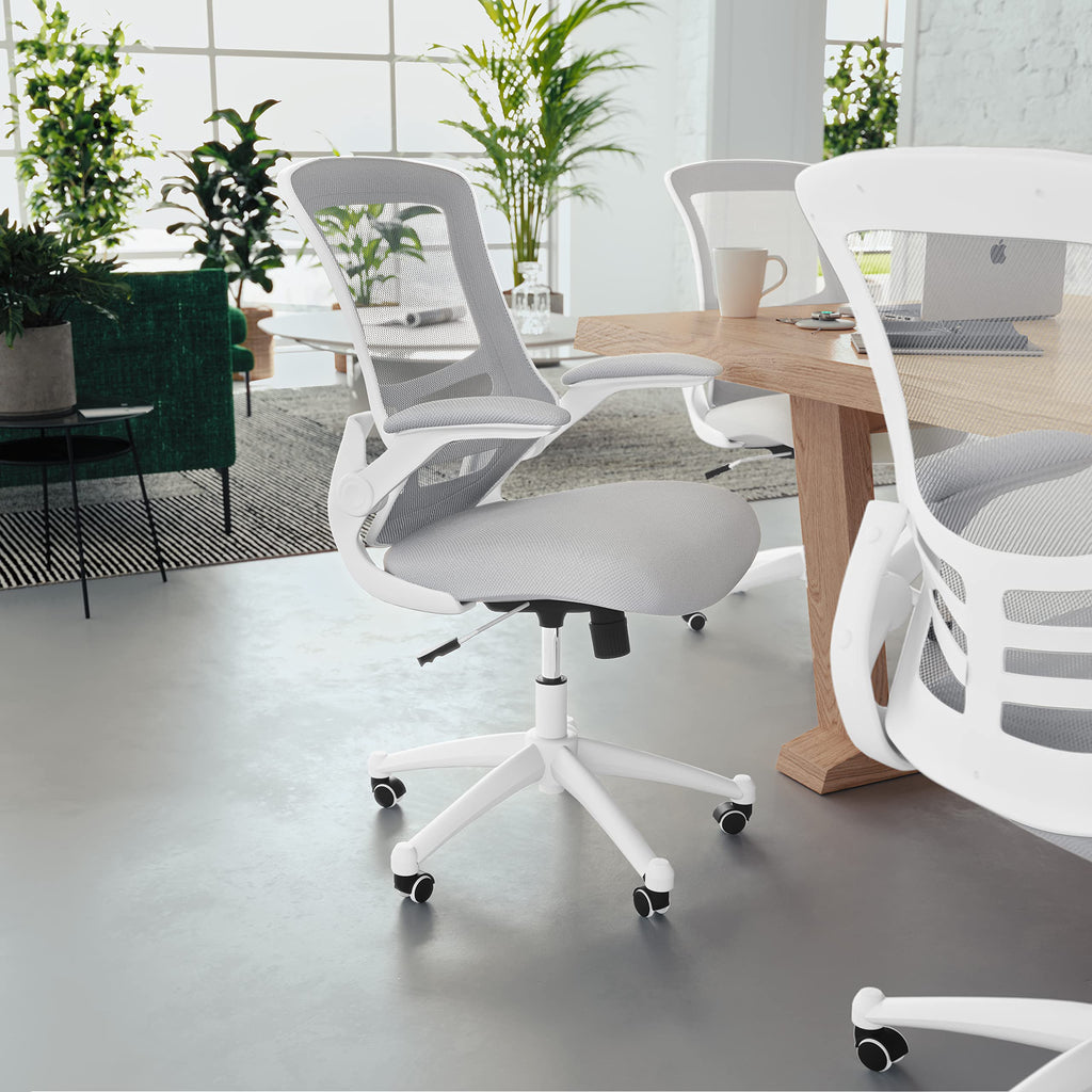 Mid-Back Swivel Office Chair with Adjustable Lumbar Support and Seat Height, Ergonomic Mesh Desk Chair with Flip-Up Armrests, Gray/White
