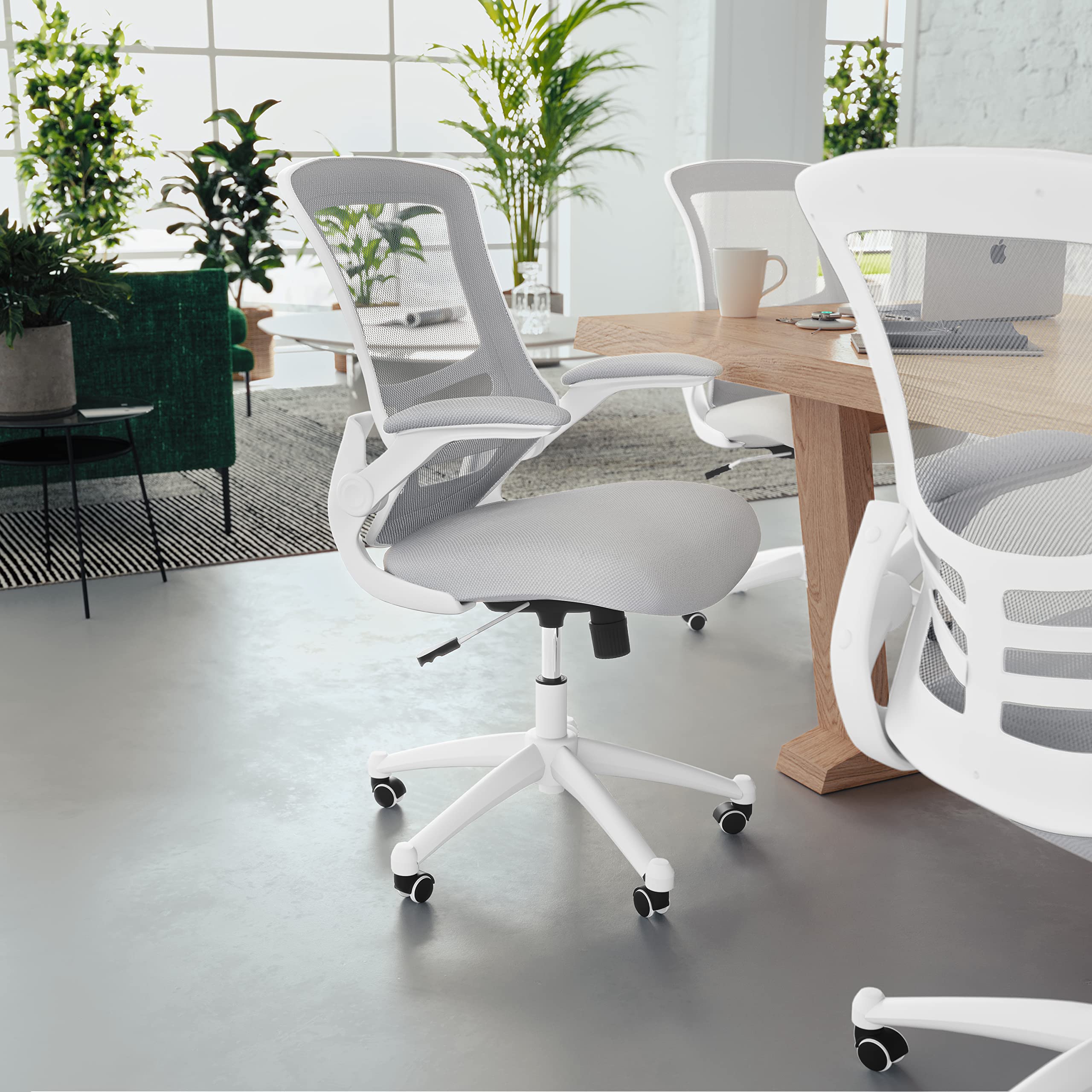 Mid-Back Swivel Office Chair with Adjustable Lumbar Support and Seat Height, Ergonomic Mesh Desk Chair with Flip-Up Armrests, Gray/White