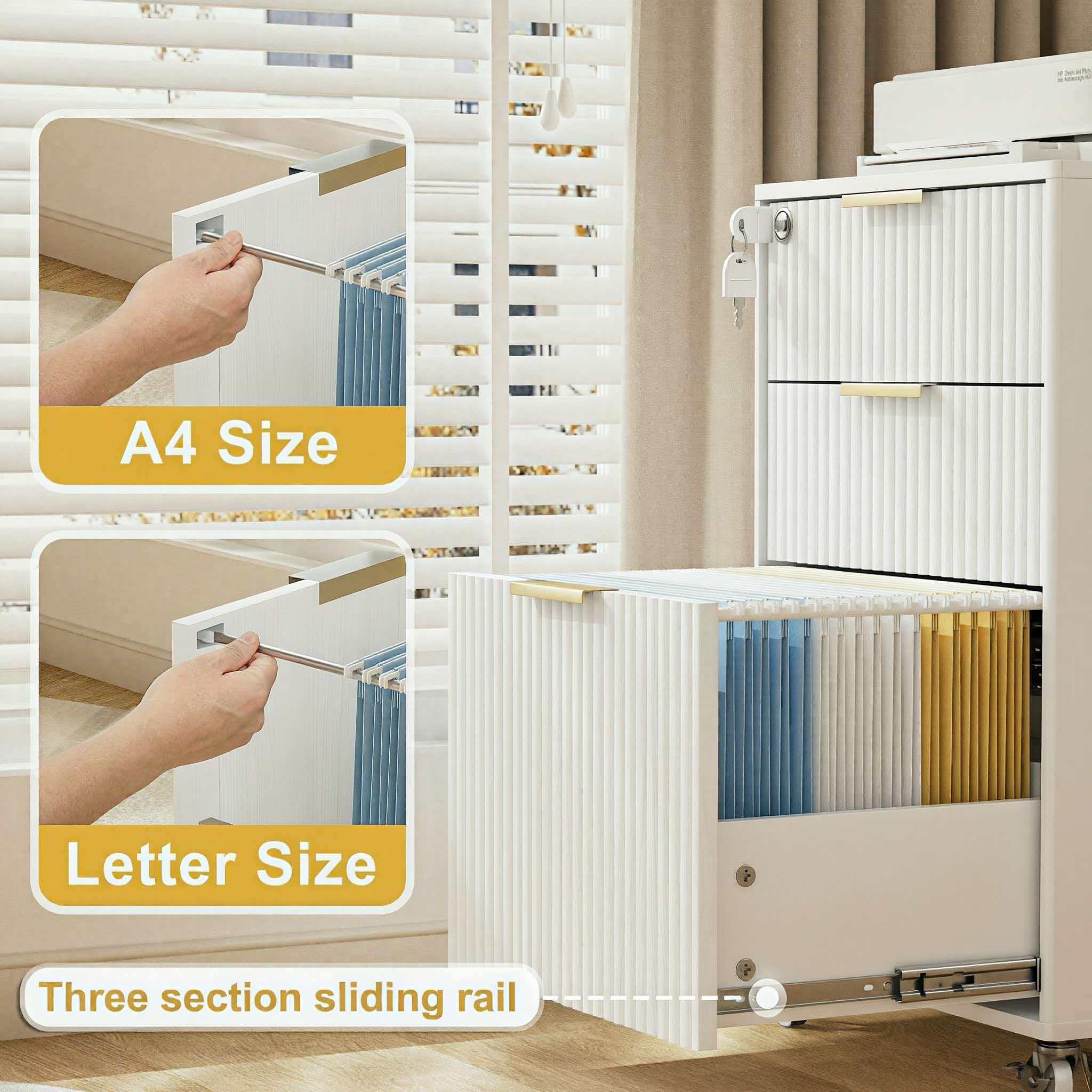 3 Drawers Fluted Mobile File Cabinet with Lock, Rolling File Cabinet Printer Stand Table, Under Desk Wooden Filing Cabinets for Home Office Essentials Storage Organization Furniture Letters/A4(White)