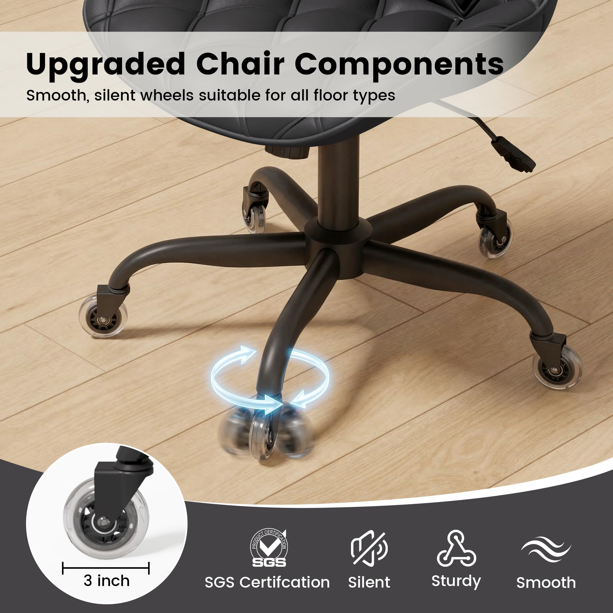 Armless Office Chair, Mid Back Modern Desk Chair with Rubber Wheels, 360 Swivel PU Leather Office Chair No Arms, Adjustable Height Small Computer Chair, Armless Desk Chair for Office, Black
