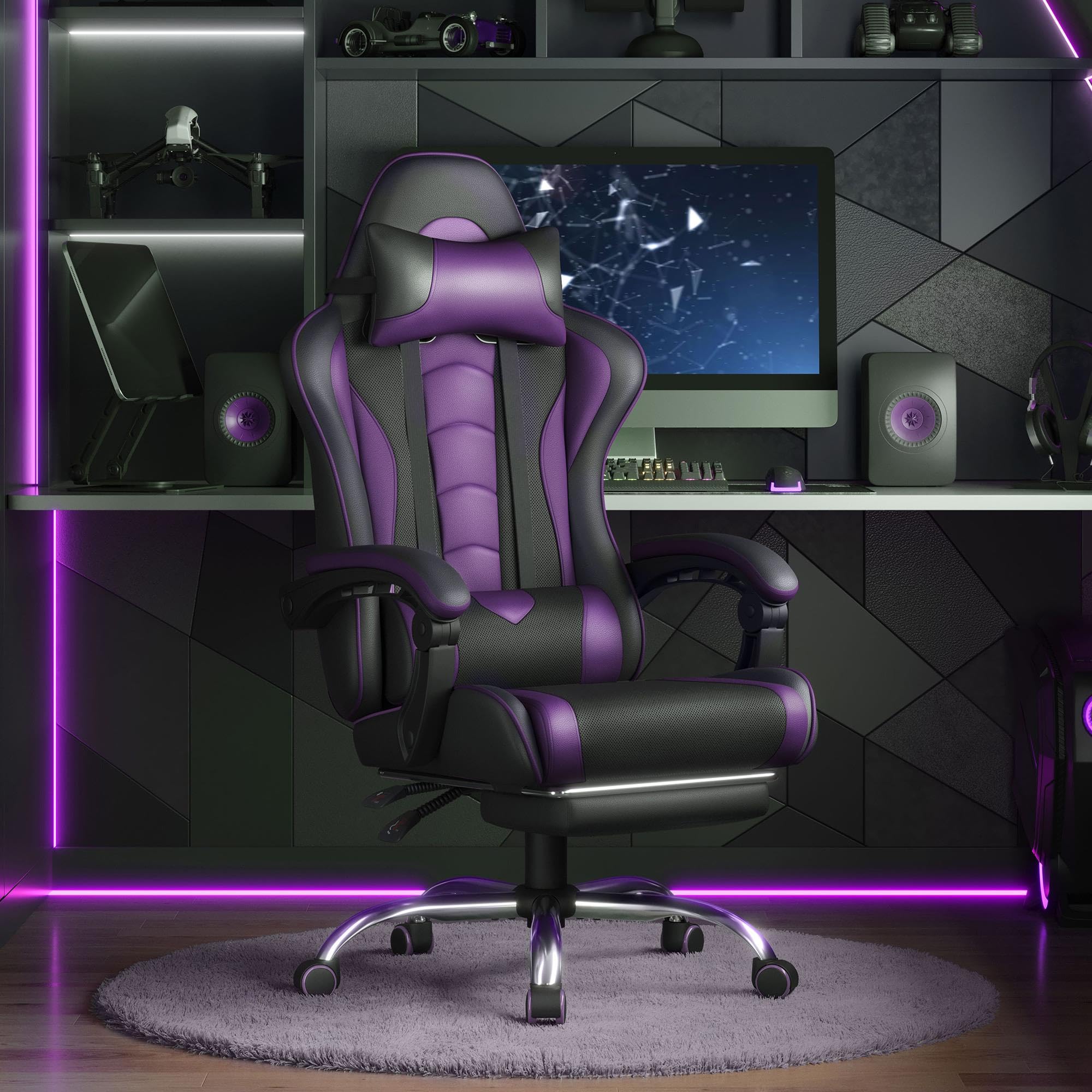 Gaming Chair, Video Game Chair with Massage Lumbar Support and Footrest Height Adjustable Ergonomic Computer Chair with Swivel Seat and Headrest Black/Purple