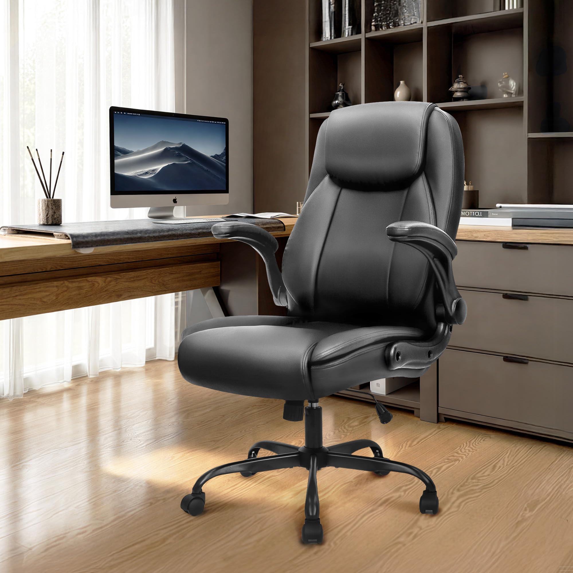Office Desk Gaming Computer Home Chair Ergonomic Executive High Back Support Flip-up Arms Adjustable Height Swivel Rolling Wheels Comfy PU Leather (Black)
