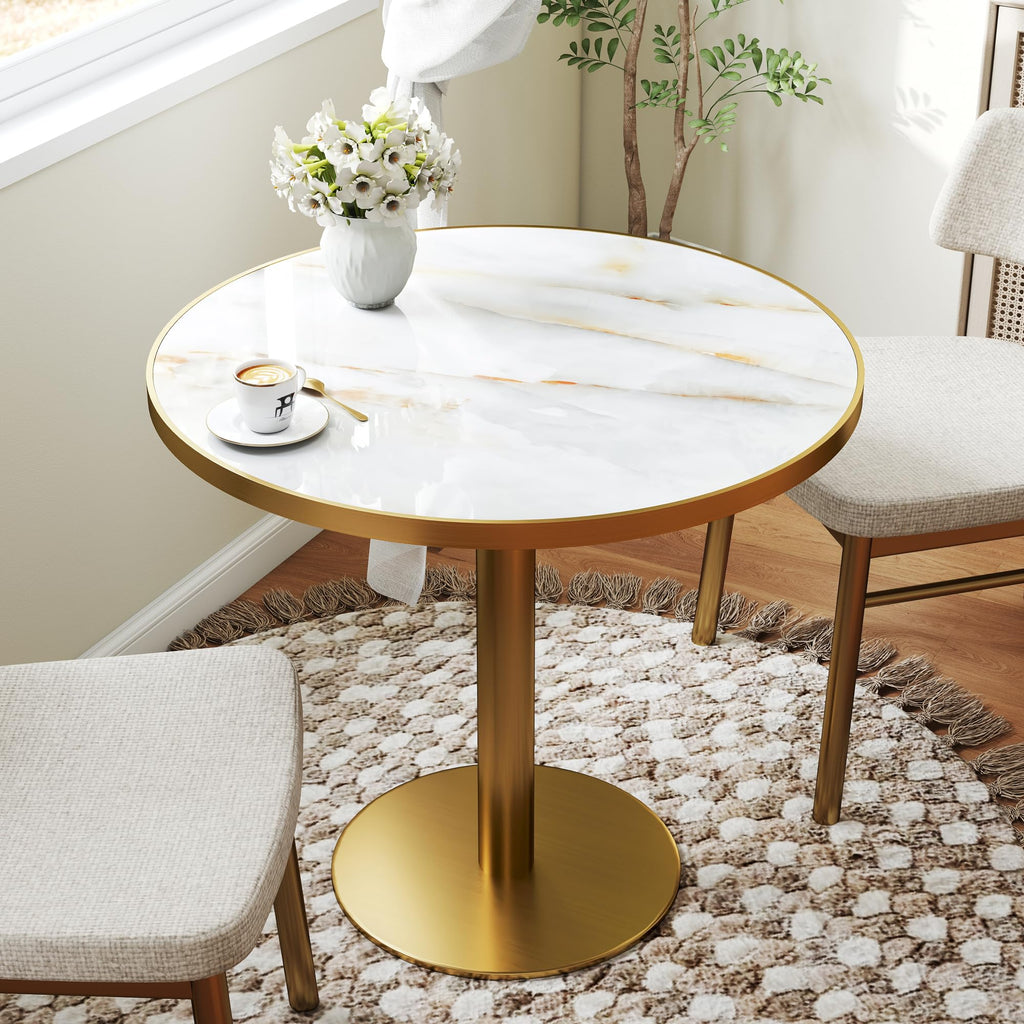 hausway 31.5" Tulip Table,Round Kitchen Dining Table for 2-4 with Thick Sintered Stone Top,Titanium Golden Pedestal Base,Heat-Resistant,Bistro Table for Dining Room,Café,Small Space（Sunrise Strings）
