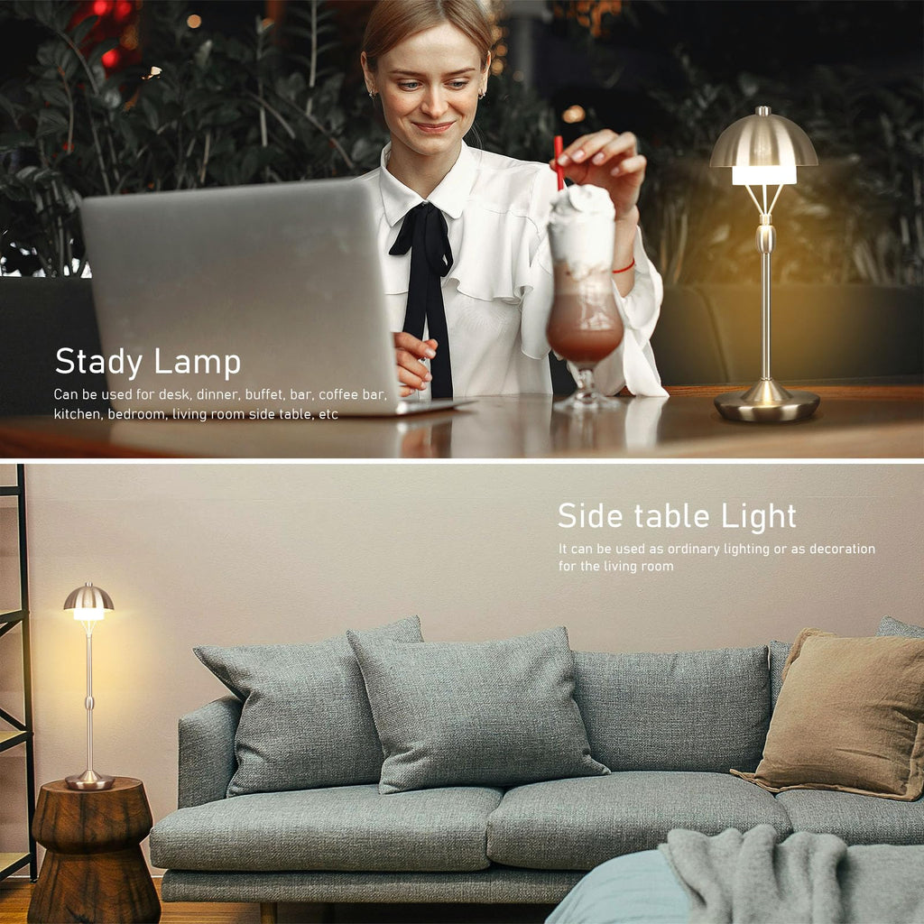 Modern Table Lamp Cordless Portable Desk Lamp, 2700K Stepless Dimming Rechargeable Battery Operated LED Lights for Bedroom, USB-C Charging, Restaurant/Bar/Night Light/Gifts (Brushed Nickel)