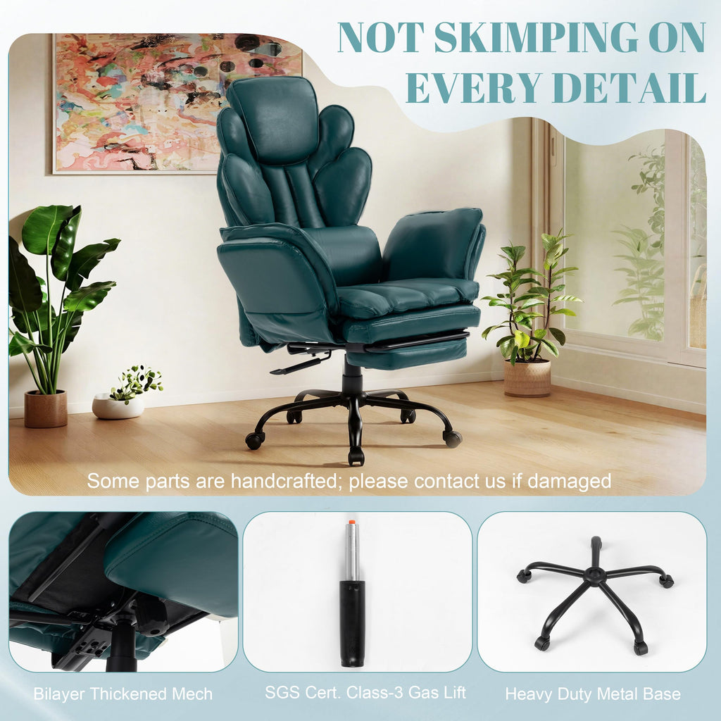 Flip Armrests Criss Cross Office Chair, Reclining Office Chair with Foot Rest, Adjustable Headrest, Massage Waist Pillow, Cross Legged Big and Tall Desk Chair Wide Seat Vanity Chair, PU Leather Green