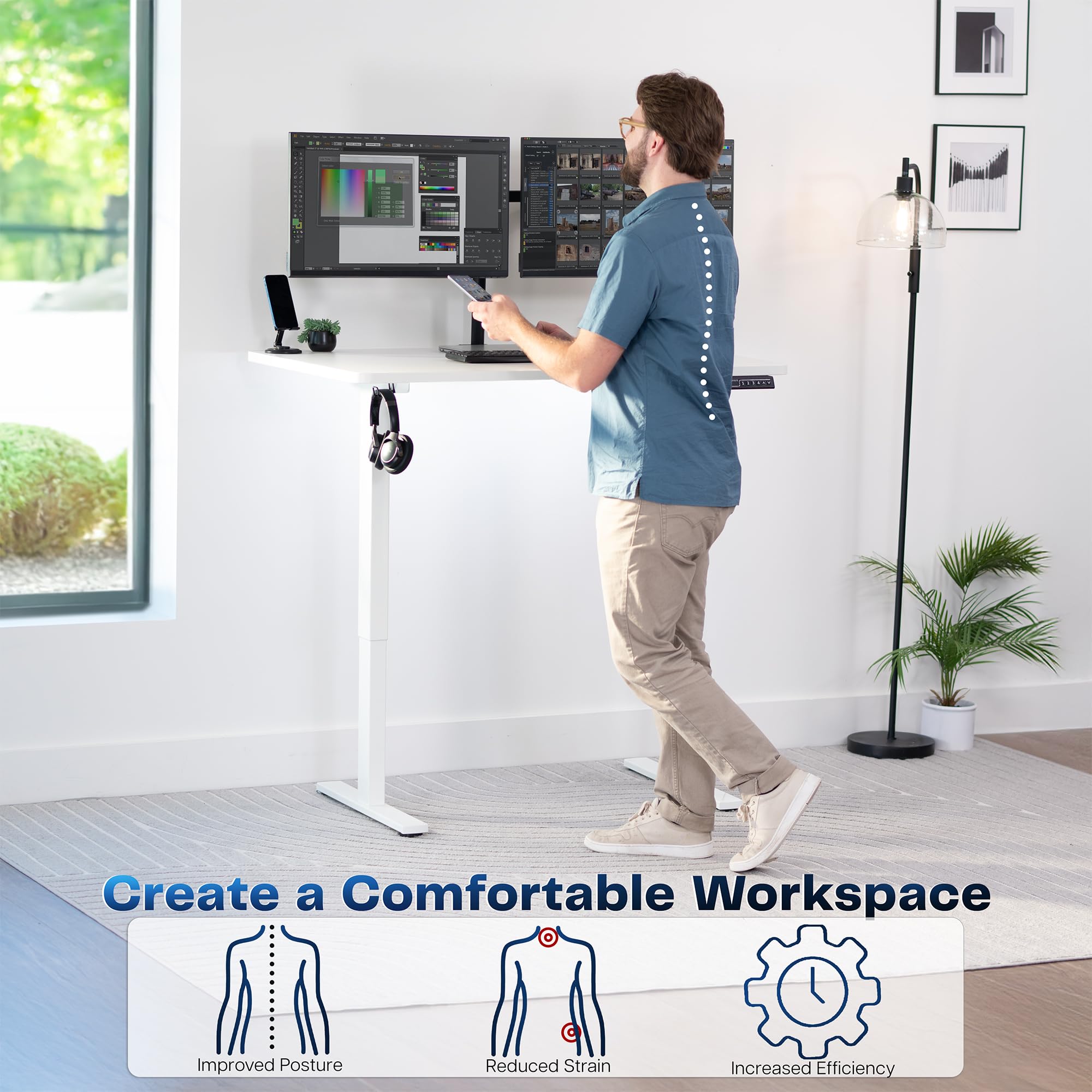Electric 48 x 30 in Standing Desk, Memory Height Adjustment, 1B Series, Holds 220 lbs, One-Piece White Top, White Frame