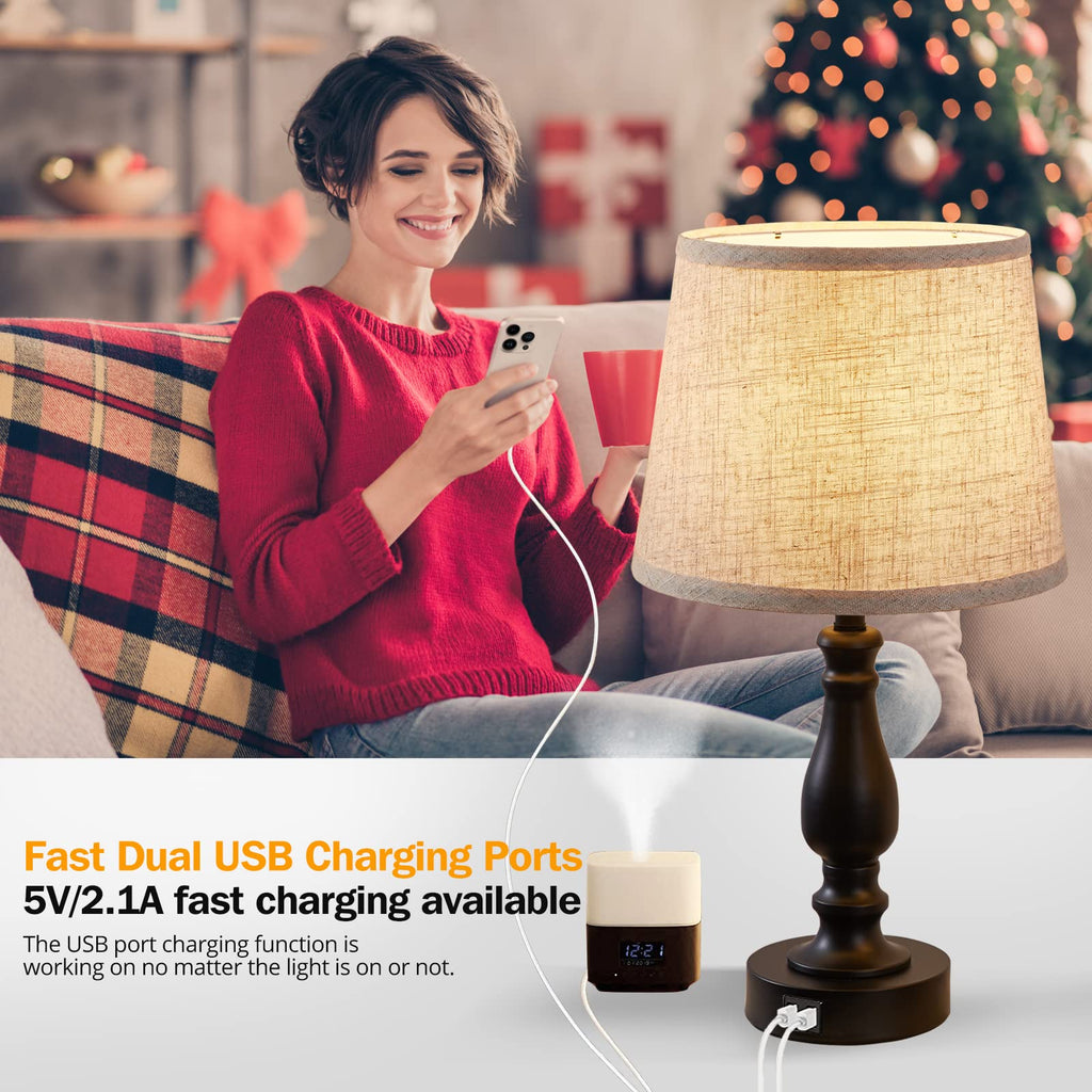Table Lamps Set of 2, Bedside Nightstand Lamps with USB Charging Ports,Dimmable Touch with Linen Fabric Lampshade, Modern Small Lamp for Bedrooms, Living Room (Bulbs Included)