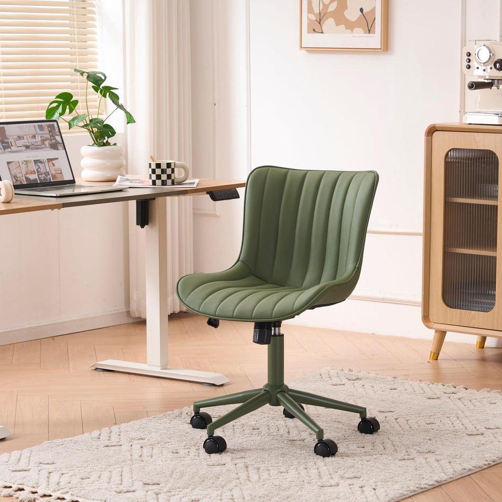Home Office Desk Chair with Wheels Armless Vanity Chair with Back Comfy Modern Leather Upholstered Rolling Task Chair Swivel Small Cute Sewing Chair No Arms Wide Adjustable Sage Green