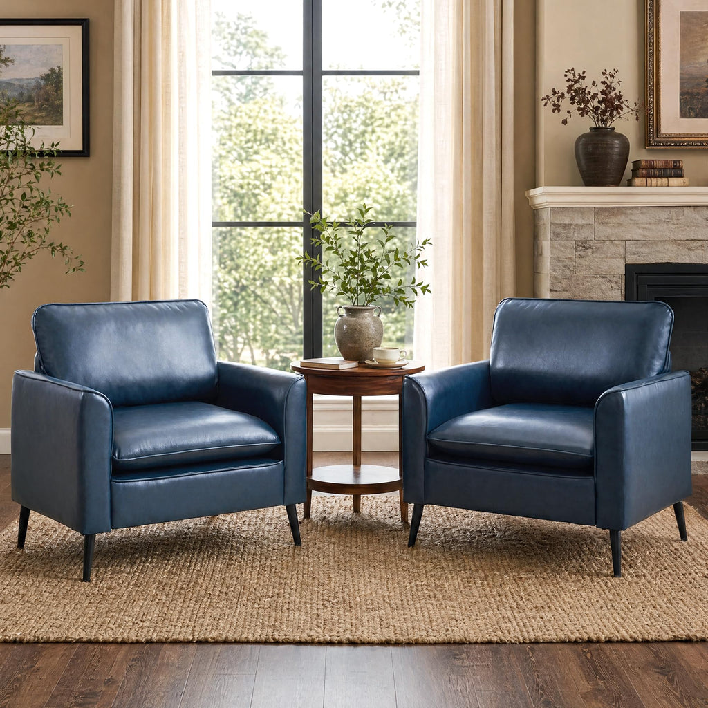 Accent Chairs Set of 2, Faux Leather Chairs, Mid Century Modern Comfy Living Room Chairs, Cozy Office Reading Chair, Reception Armchairs for Living Room, Waiting Room, Bedroom (Blue)