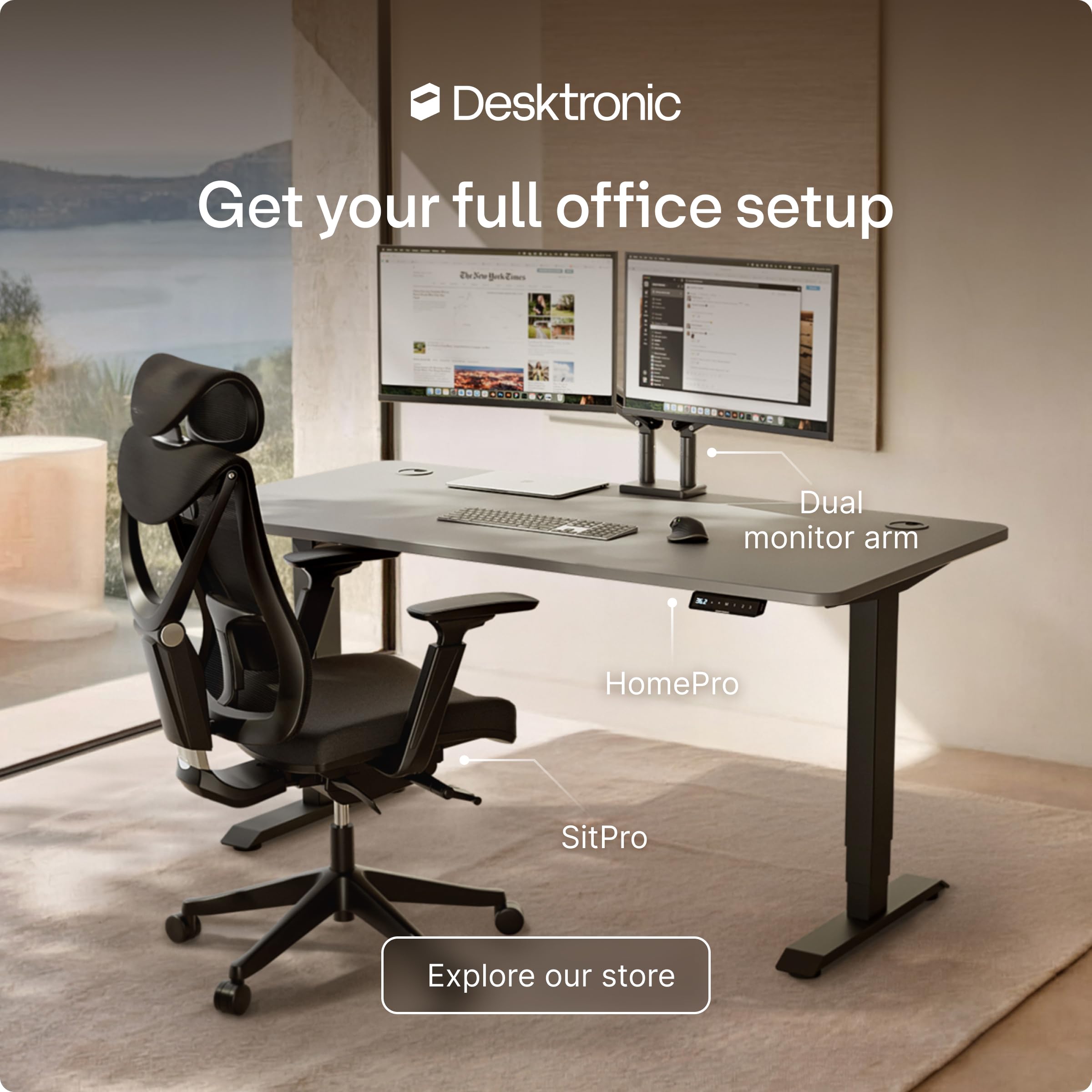 Standing Desk 54x28 — Made in Europe, Ergonomic Sit Stand Home Office Desk, Electric Height Adjustable, Dual Motor, USB & USB-C Charging, Wobble-Free, Touchscreen, 3 Memory Presets