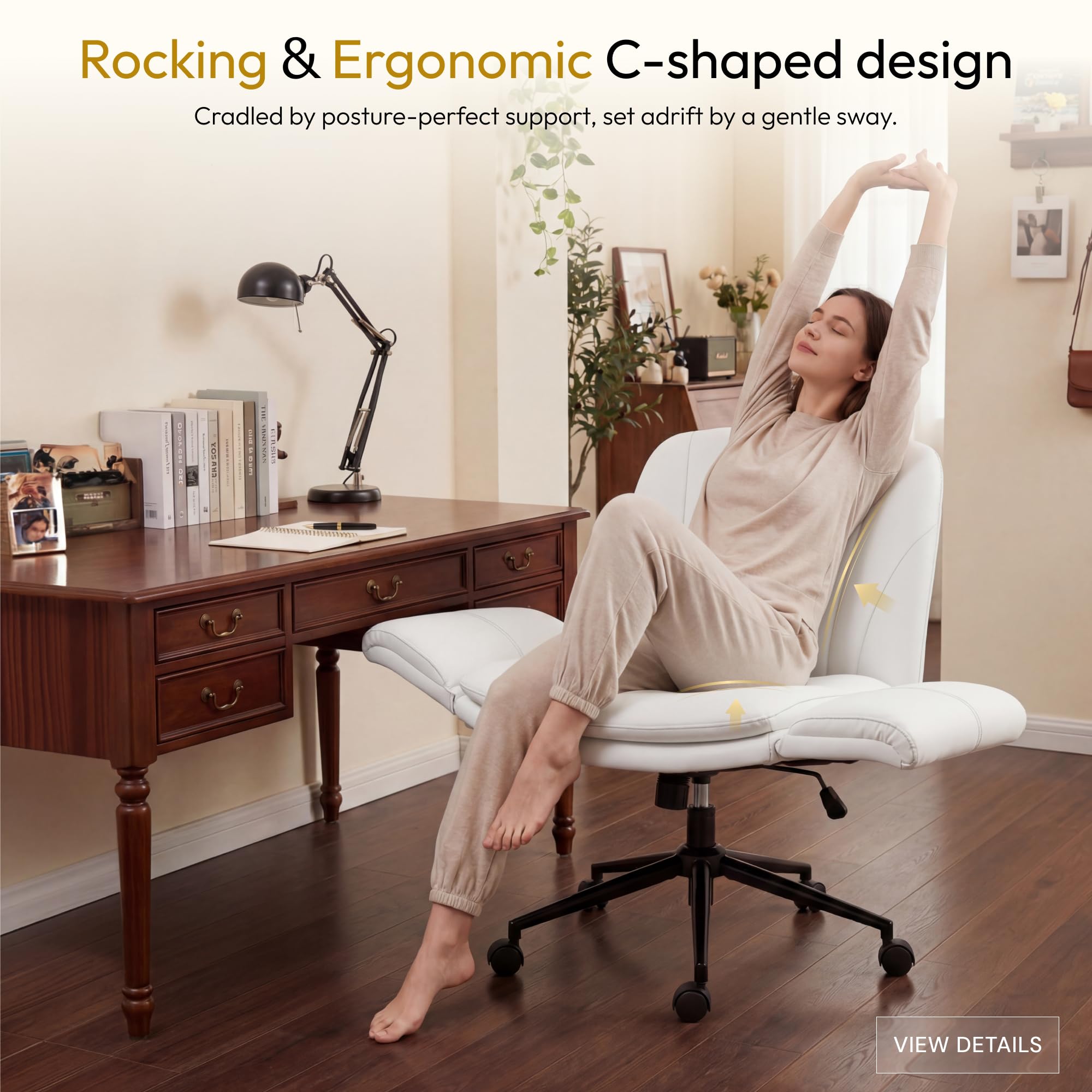 Criss Cross Chair with Five-Level Adjustable Arms and Wheels - Comfortable Ergonomic PU Leather Swivel Vanity Chair - Computer Makeup Gaming Chair for Home Office, Bedroom, Vanity Room (Beide)