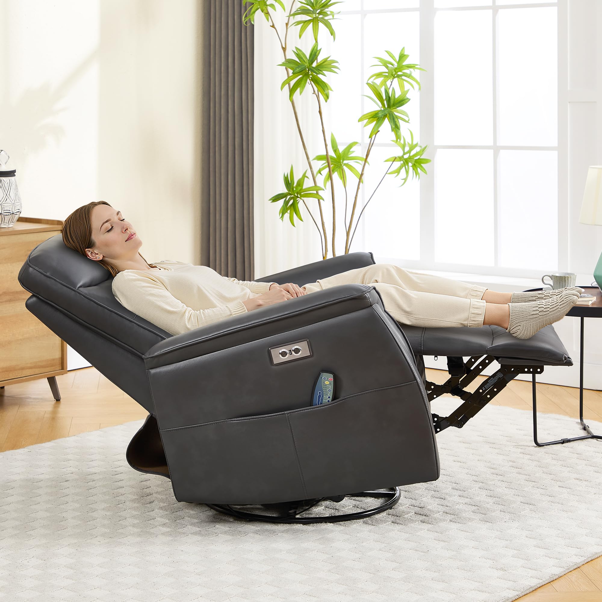 Recliner Chair for Adults, Power Faux Leather Rocker Recliner Massage and Heat, Oversized Swivel Reclining Nursery Chair with USB Ports for Living Room, Office Grey