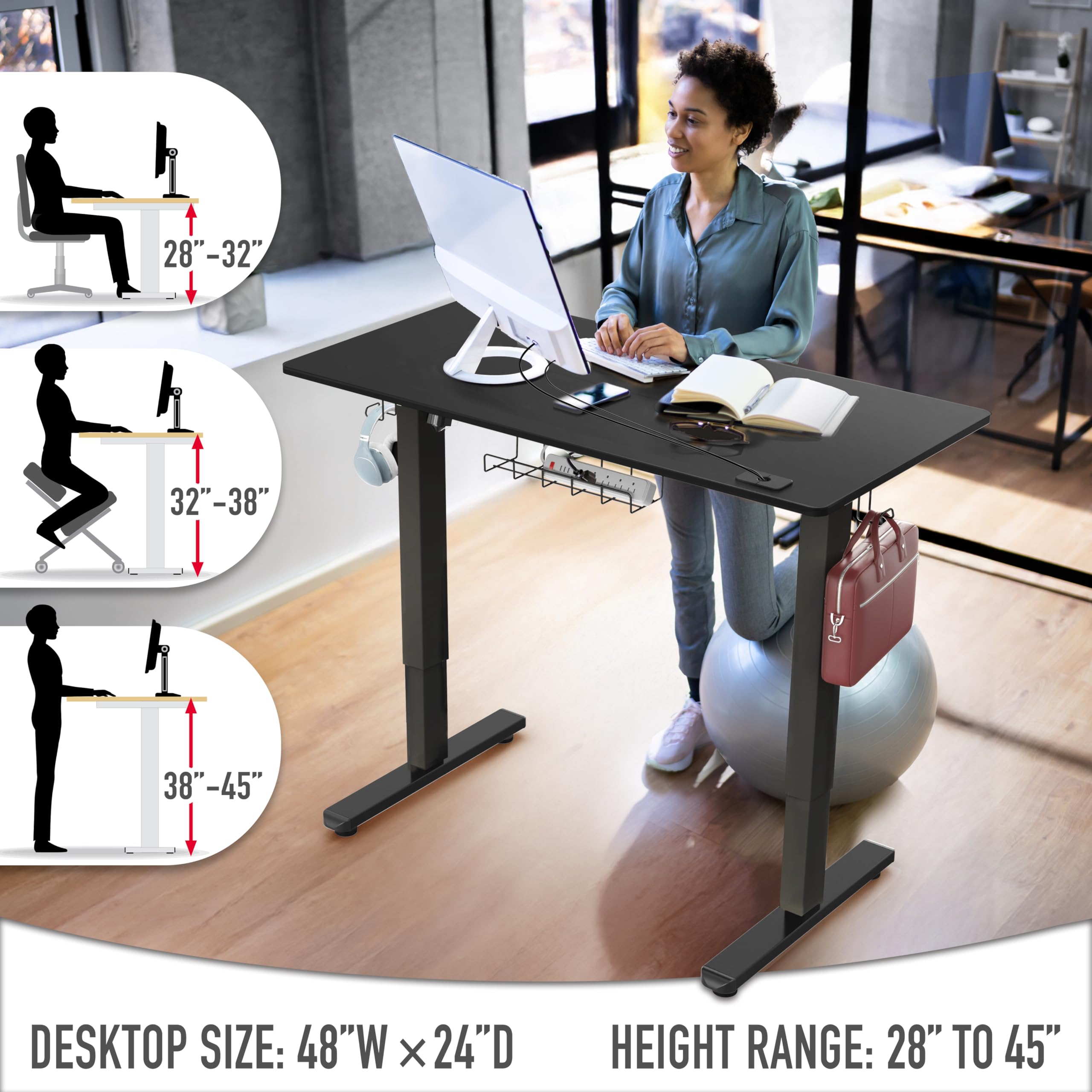48-Inch Electric Height Adjustable Standing Desk with Drawer, Memory Preset and Cable Management Tray, Black