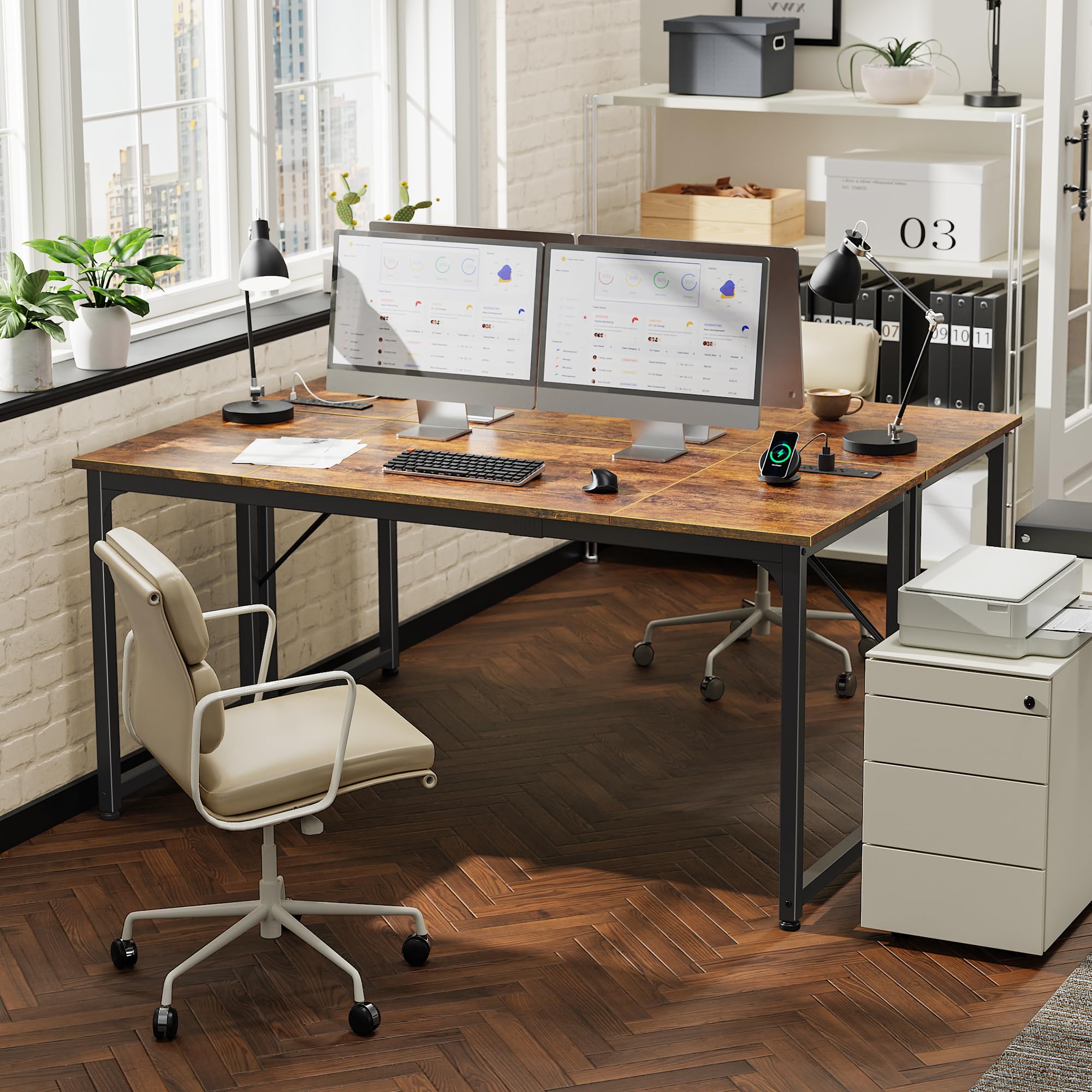 63 X 24 Inch Office Computer Desk with Power Outlets and USB-C Port, Larger and Longer Gaming Desk, for Home Office, Study, Writing Work from Home Table, Metal Frame, White