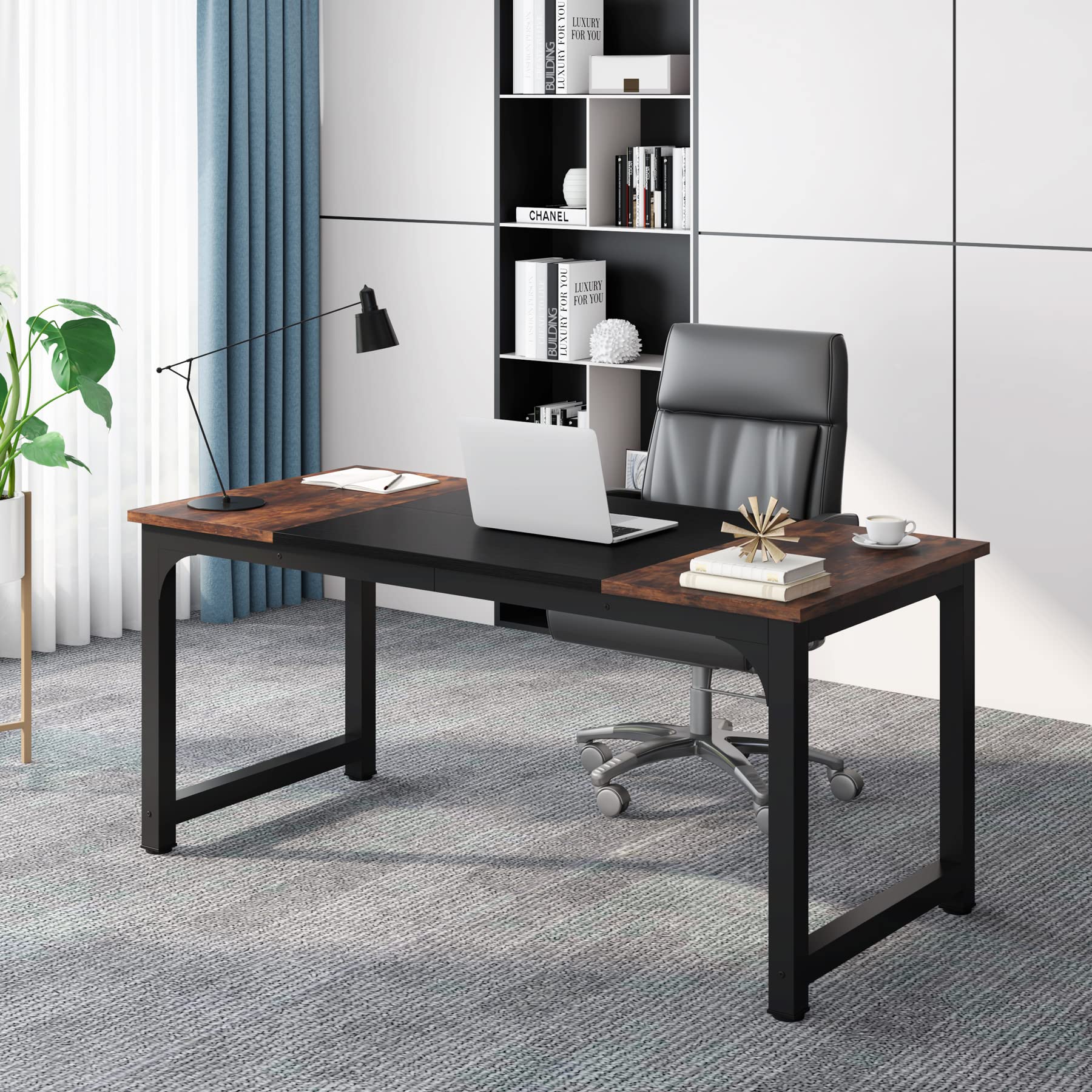 63” Executive Desk, Large Office Computer Desk with Thicken Frame, Modern Simple Workstation Business Furniture for Home Office, Rustic Brown/Black