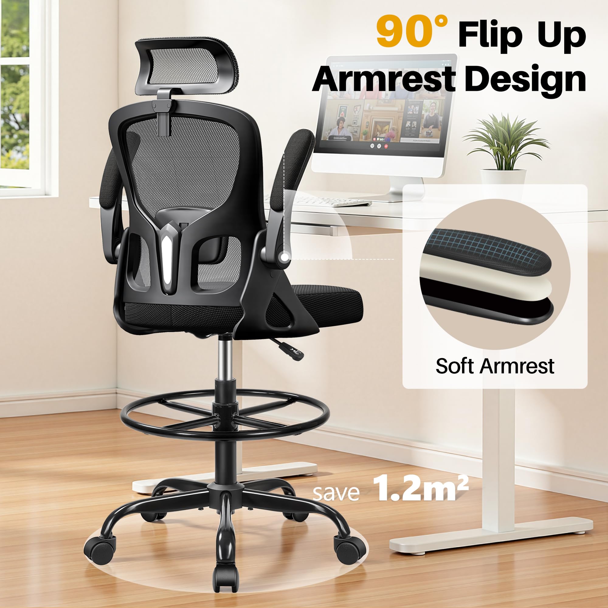 Drafting Chair, Tall Office Chair for Standing Desk, Ergonomic High Back with Headrest, Lumbar Support, Foot Ring and Flip-up Armrests, Black