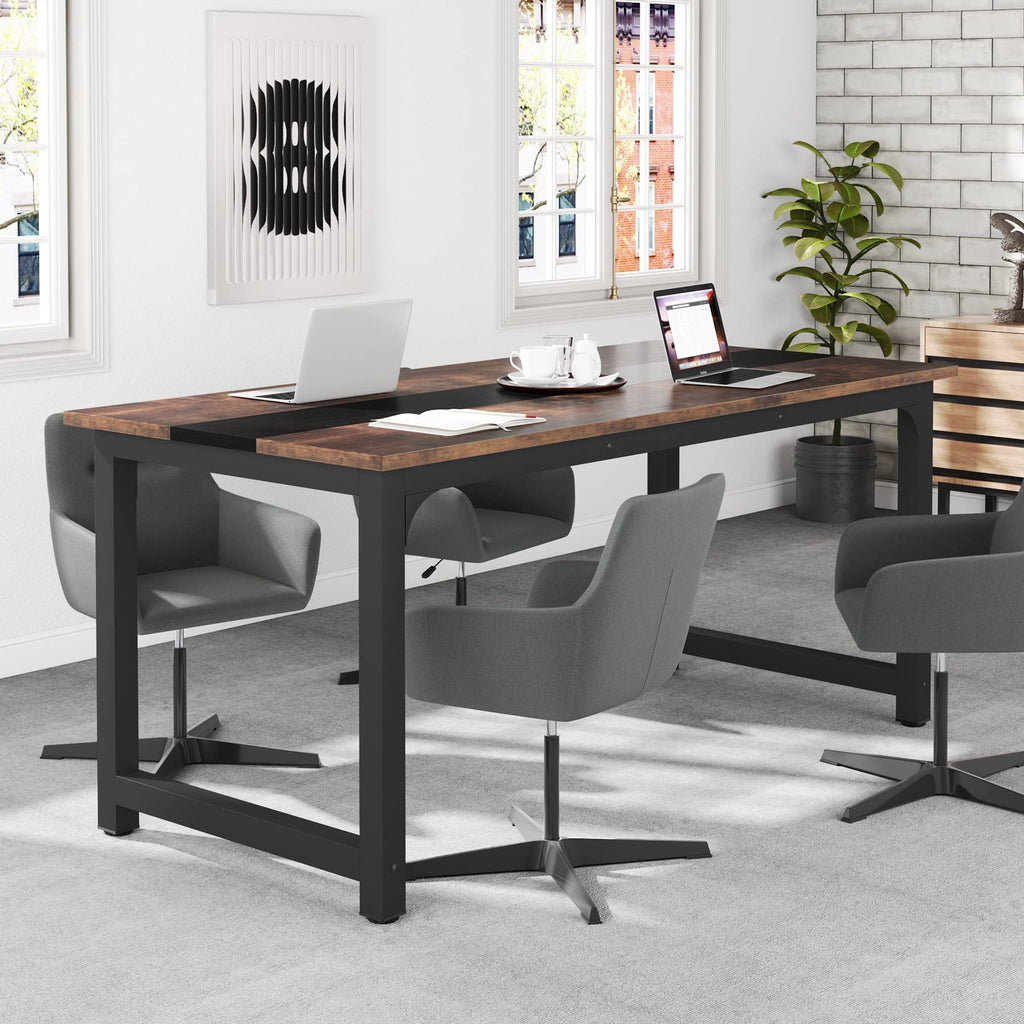 70.8”Executive Desk, Large Office Computer Desk with Thicken Frame, Modern Simple Workstation Business Furniture for Home Office, Vintage Brown/Black