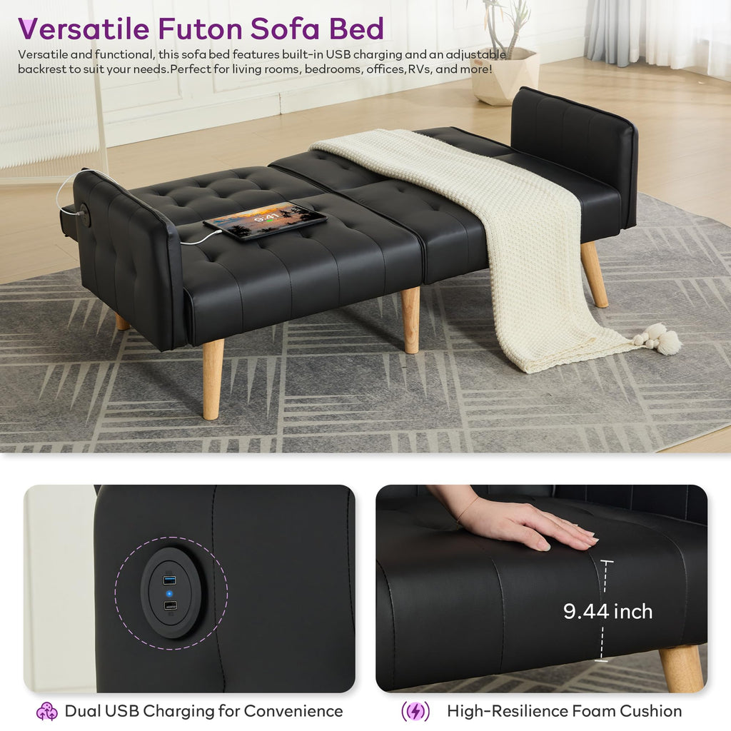 Faux Leather Convertible 65'' Folding Futon Sofa Bed w/ 2 USB, Loveseat for Small Space, Office, Apartment, Dorm, Living Room, Black