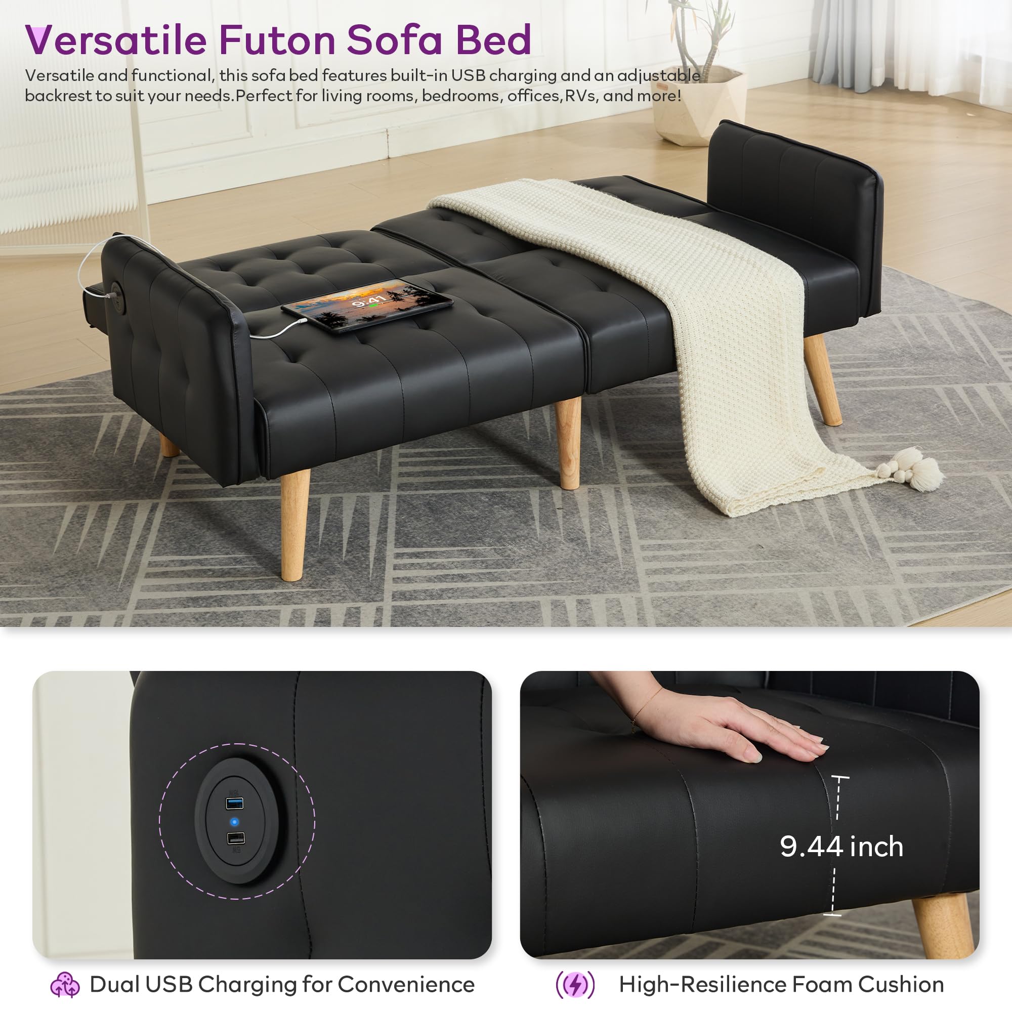 Faux Leather Convertible 65'' Folding Futon Sofa Bed w/ 2 USB, Loveseat for Small Space, Office, Apartment, Dorm, Living Room, Black