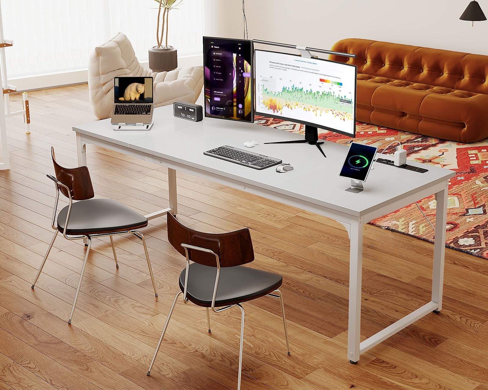71 Inch Computer Desk with USB Ports, Large Office Desk, Long Study Student Writing Desk, White