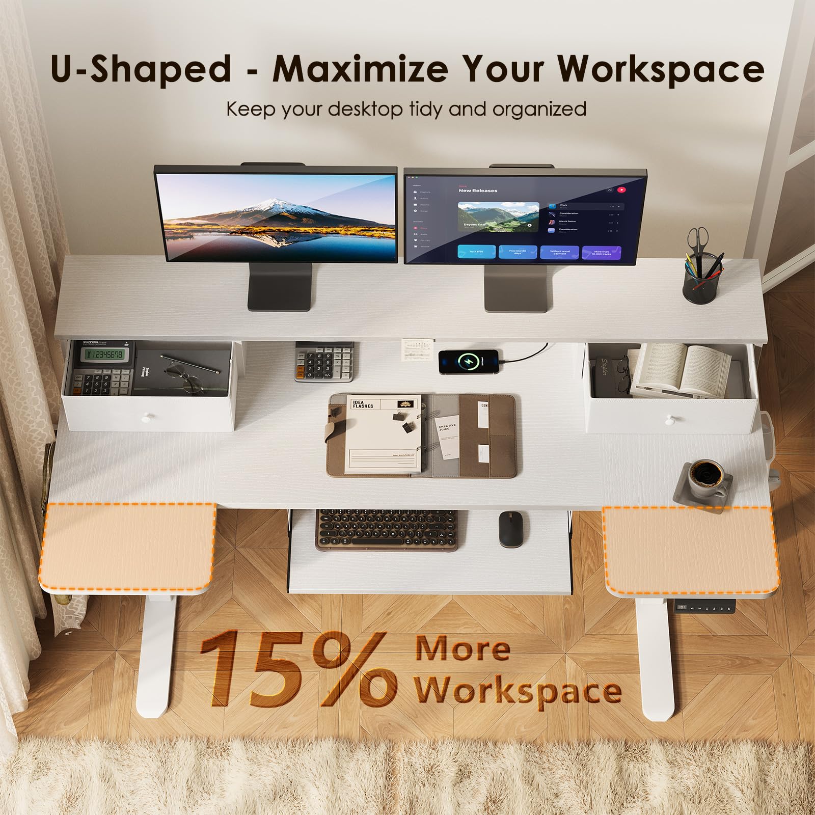 U Shaped Electric Standing Desk with Drawers, 55 Inch Height Adjustable Desk with Keyboard Tray ＆ Ergonomic Monitor Stand, Sit Stand Table with Power Outlets for Home, Office, White