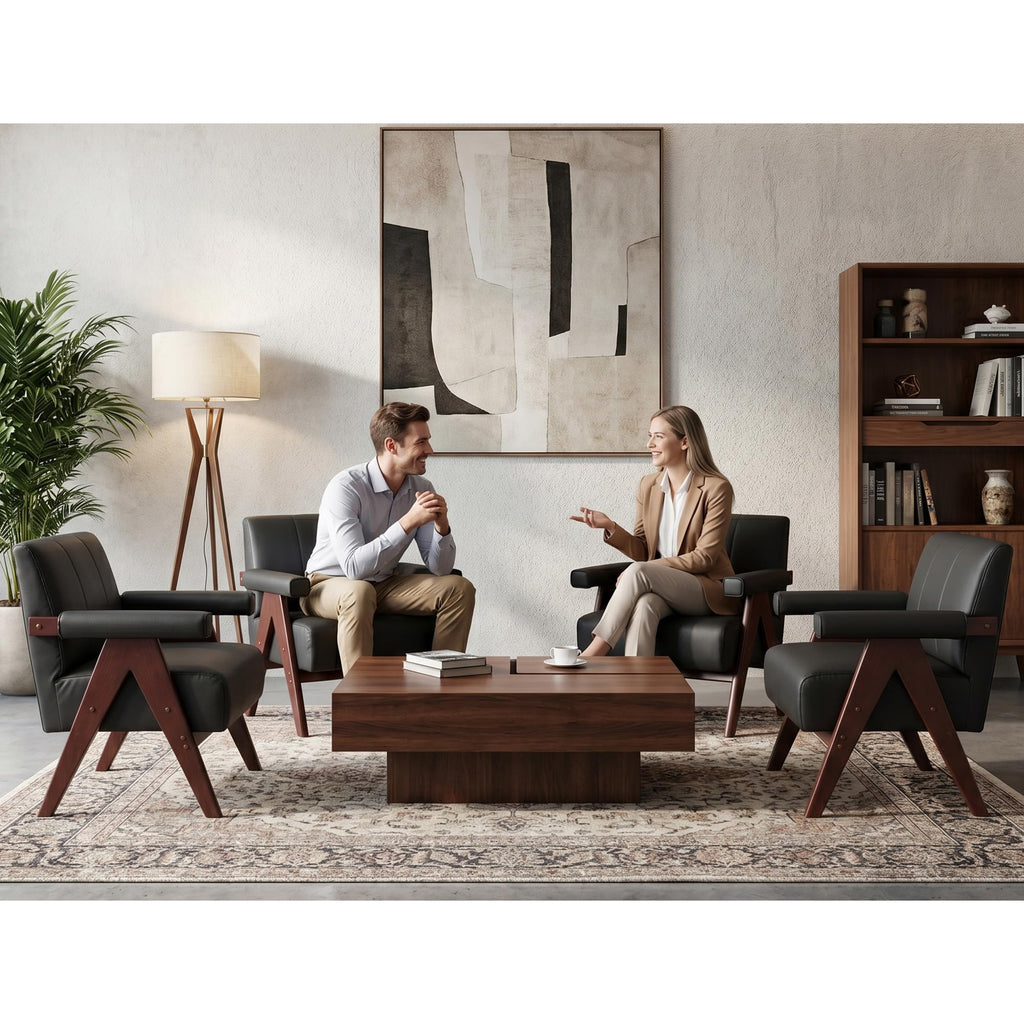 Mid Century Modern Accent Chairs Set of 2, Solid Wood Frame Black Leather Armchairs, Modern Reading & Living Room Chairs for Office Guest & Waiting Room
