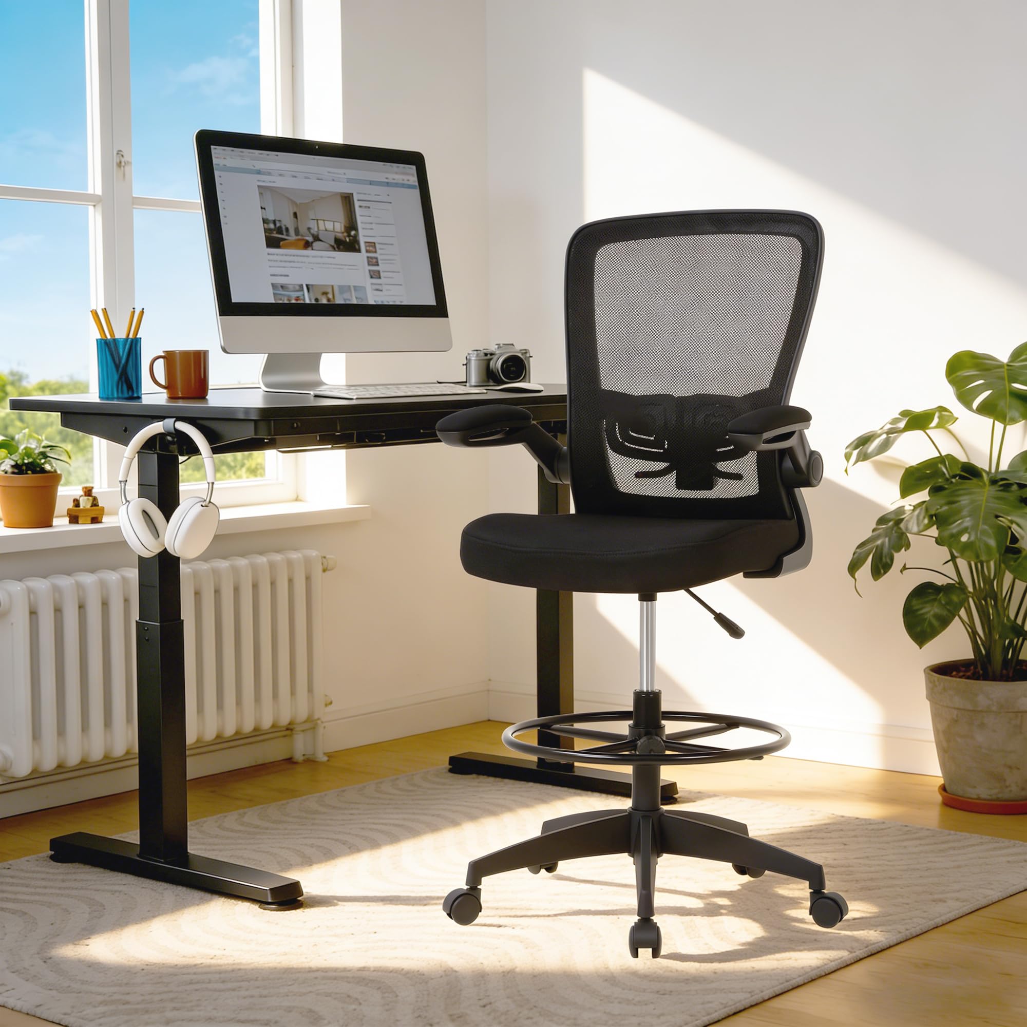 Drafting Chair Tall Office Chair Adjustable Height with Lumbar Support Flip Up Arms Footrest Mid Back Task Mesh Desk Chair Computer Chair Drafting Stool for Standing Desk