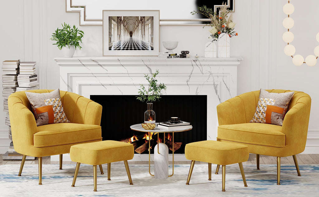 Velvet Accent Chair with Ottoman, Upholstered Modern Single Sofa Side Chair,Comfy Barrel Club Living Room Armchair with Golden Metal Legs for Office Bedroom Living Reading Room, Yellow