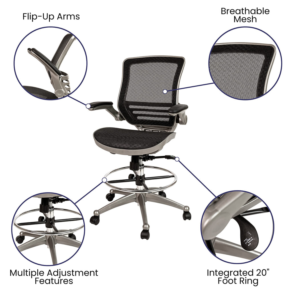 Mid-Back Swivel Office Chair with Adjustable Foot Ring and Seat Height, Ergonomic Mesh Chair with Armrests, Black/Silver