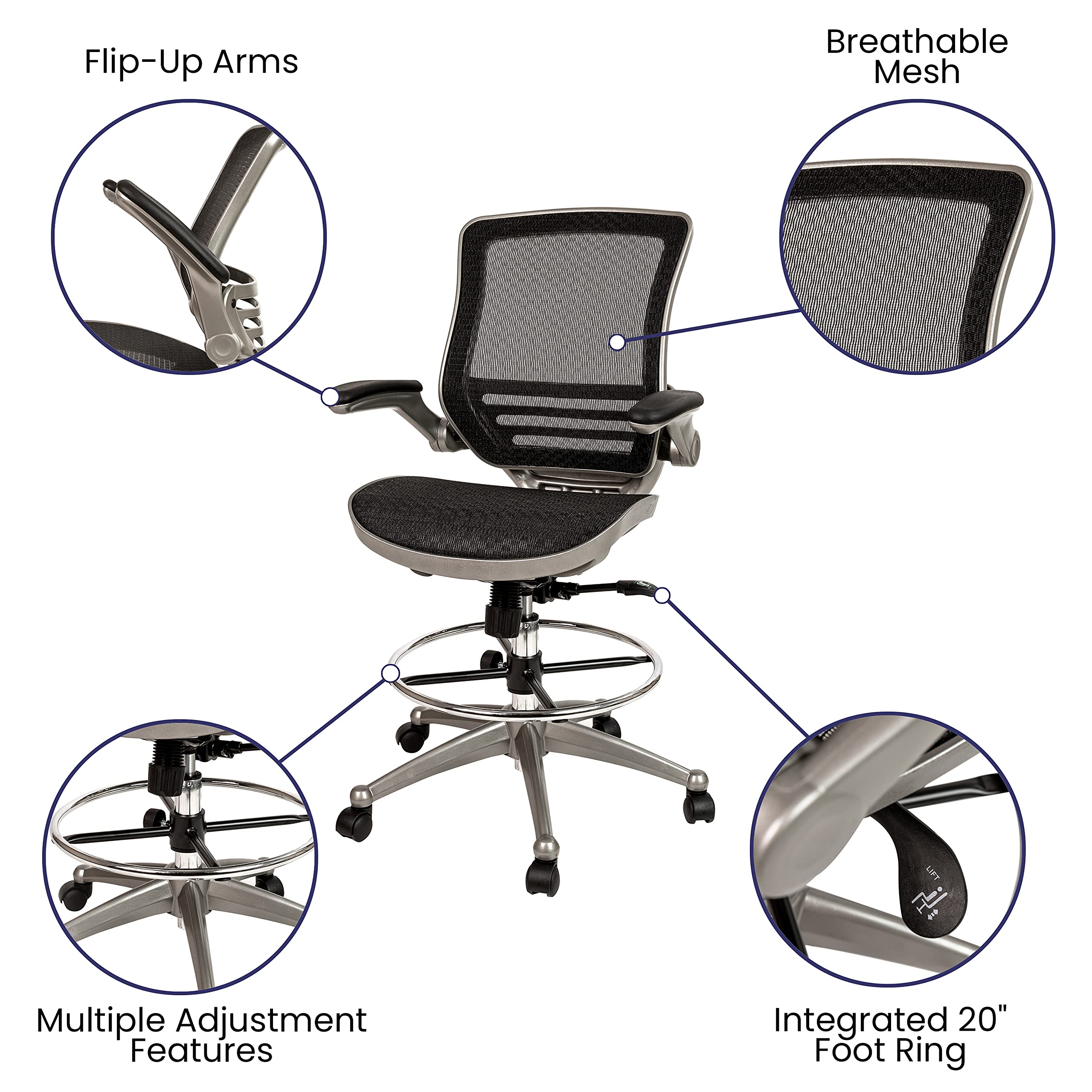 Mid-Back Swivel Office Chair with Adjustable Foot Ring and Seat Height, Ergonomic Mesh Chair with Armrests, Black/Silver