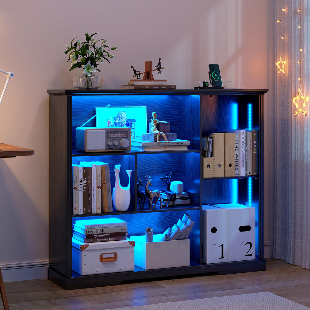 LED Display Bookcase with 3 Tiers and USB Charging - Black