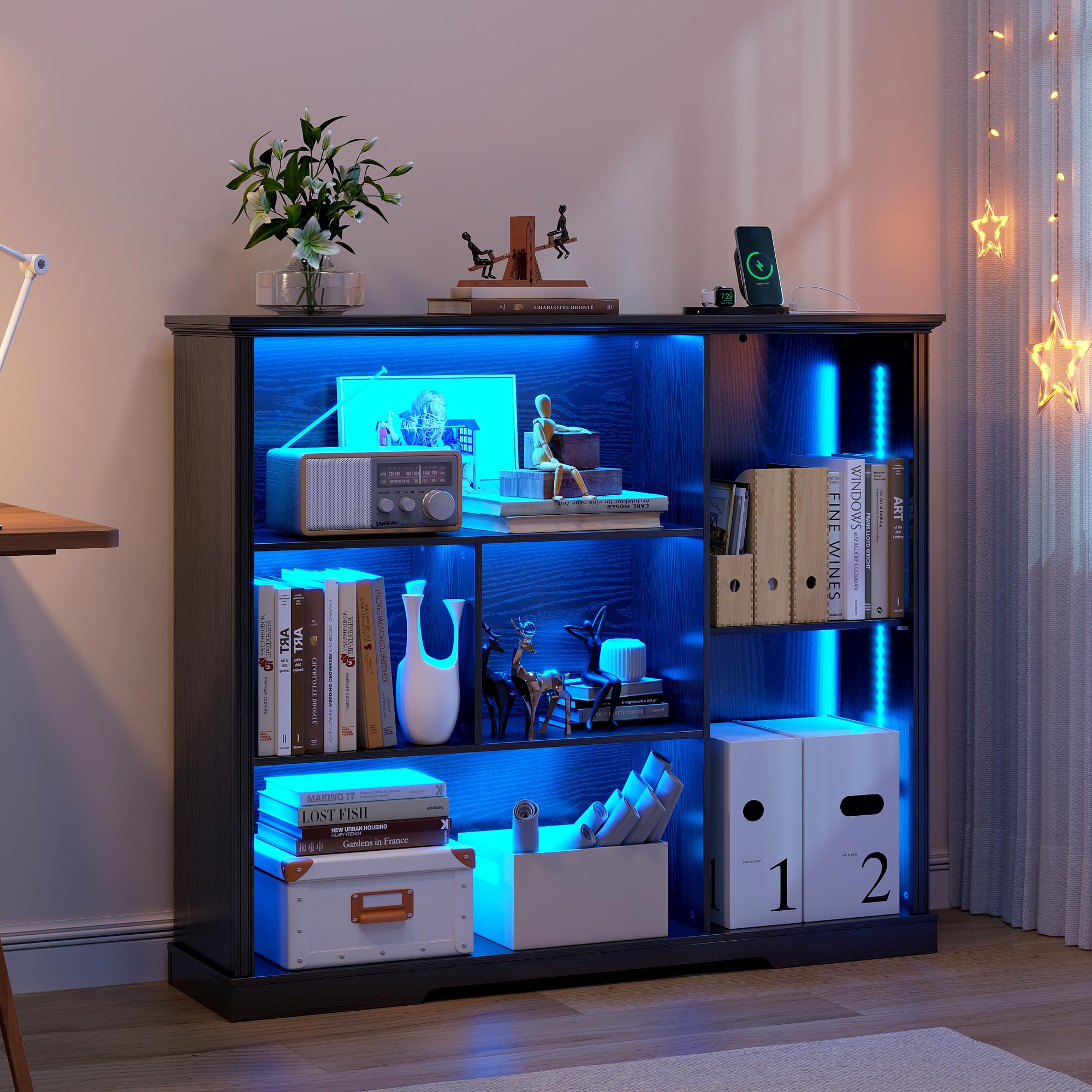 LED Display Bookcase with 3 Tiers and USB Charging - Black